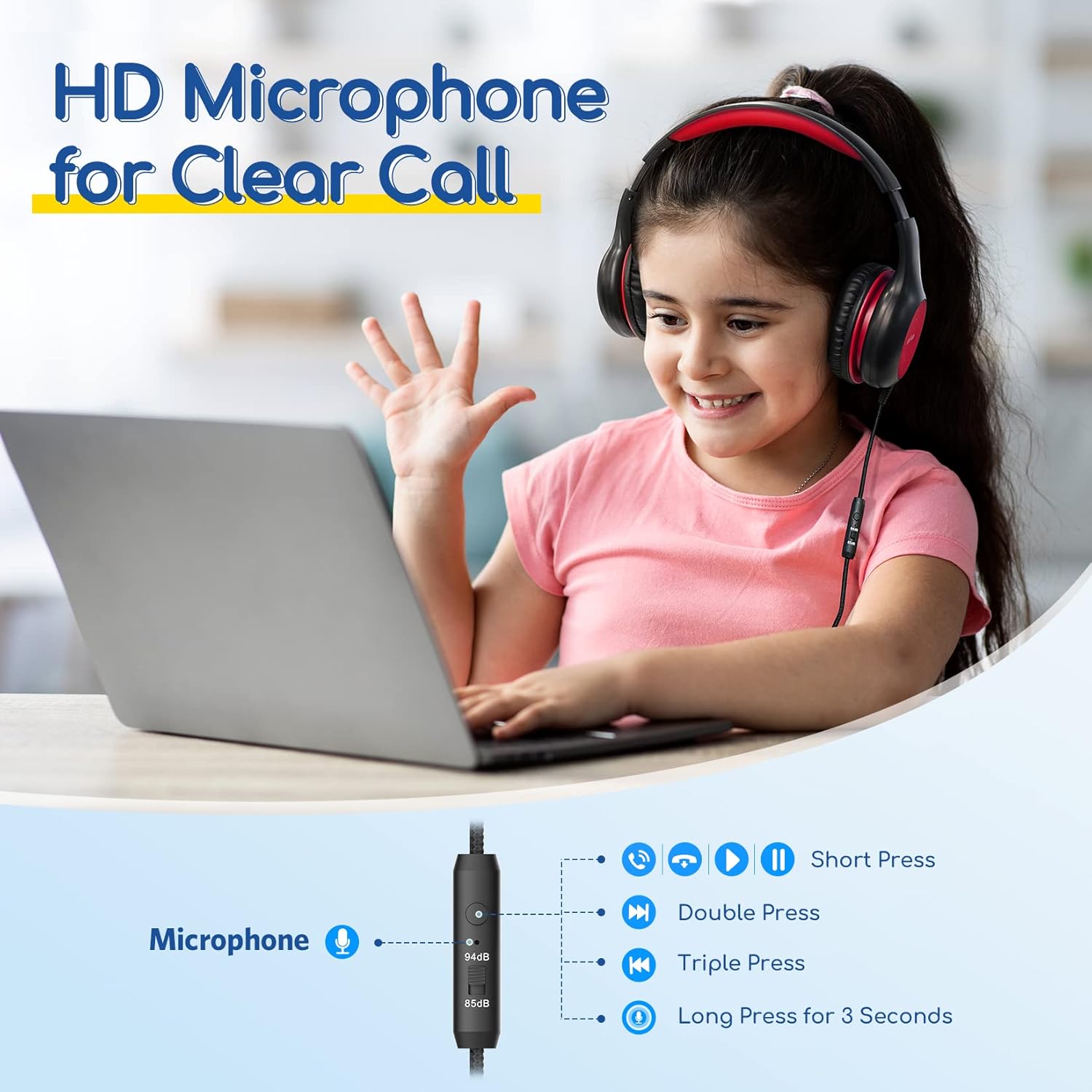 EarFun K1 Kids Headphones Wired with Microphone, 85/94dB Volume Limit Headphones for Kids, Portable Wired Headphone with Shareport, Stereo Sound Foldable Headset for School/Tablet/iPad, Black Red - Image 2