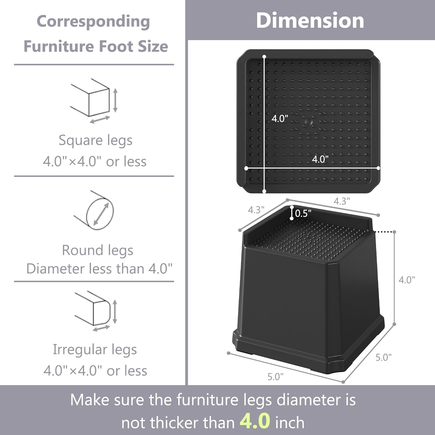 Bed Risers 4 Inch Heavy Duty 8 Pack L-Shaped Bed Furniture Elevators 1,500 lbs Oversized Lifts Up Riser for Sofa and Table - Image 3
