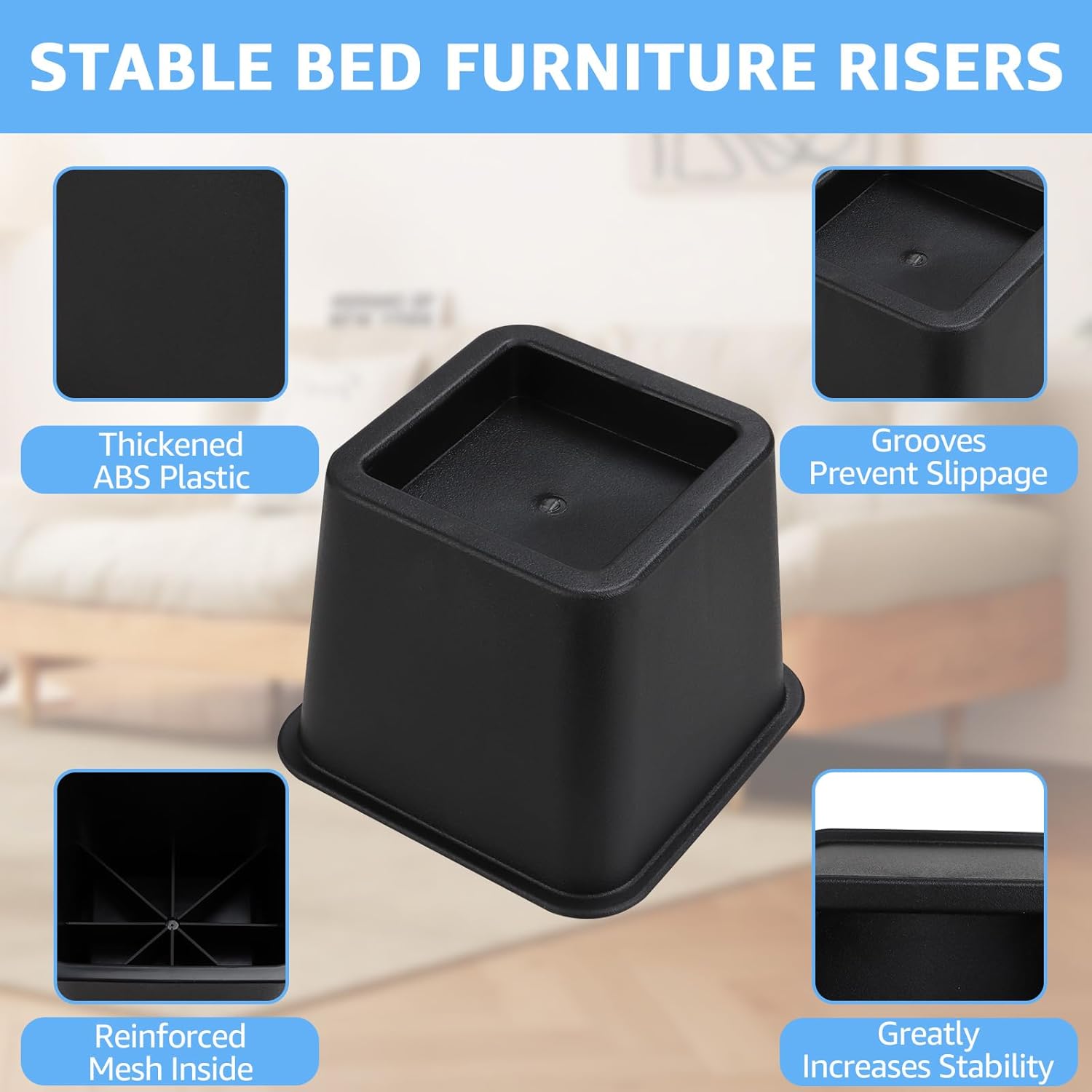 WOPPLXY 6 Pcs Bed Risers 3 Inch, Heavy Duty Furniture Risers, Bed Lifts Risers - Supports Up to 3300 lbs, Square Bed Frame Lifts Risers for Bed, Couch, Desk, Sofa, Chair, Table Legs Extenders - Image 6