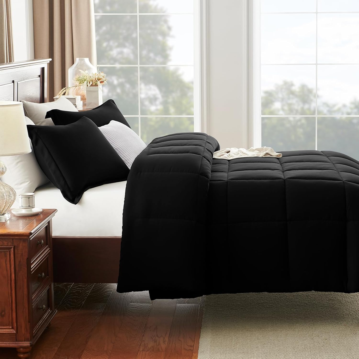 CozyLux Queen Comforter Set Black - 270GSM 3 Pieces Box Stitched Comforters Queen Size, Soft Bed Set for All Seasons, Lightweight Bedding Sets with 1 Down Alternative Comforter and 2 Pillow Shams - Image 9
