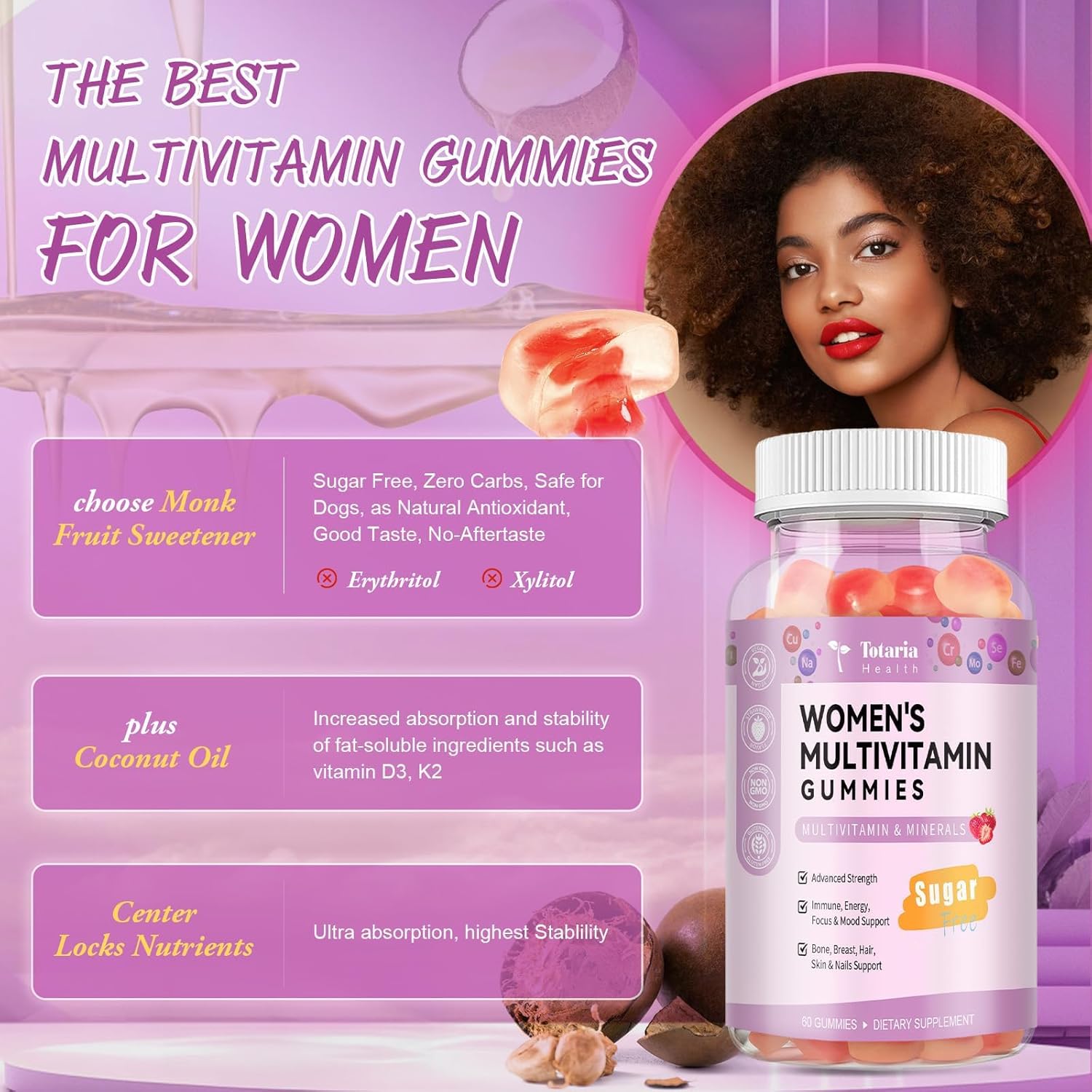 Totaria Sugar Free Multivitamin Gummies for Women 14+ w/Inositol, Iron, Folate, Biotin, Womens Daily Multivitamin Gummy w/Vitamin A, D, C, B, Support Hair, Skin, Energy, Immune, Strawberry Flavor - Image 8