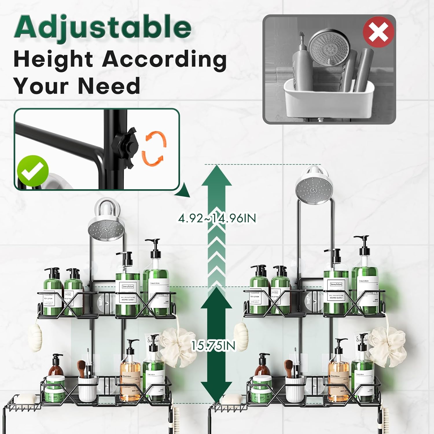 Sewulidon Stainless Steel Hanging Shower Caddy for Handheld Shower Heads,Adjustable Height Extra Long Bathroom Shower Organizer Hanger Rack with Hooks,Soap Holder - Image 7