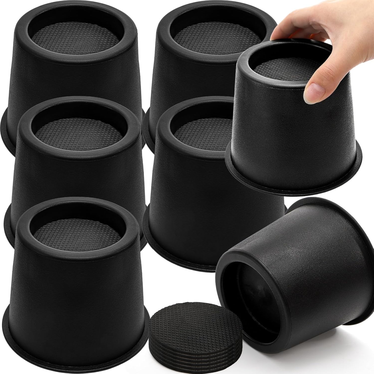Noamus 6 Pack Round Bed Risers, 4 Inch Furniture Raising Blocks, Black Lifts with Non-Slip Foam Pads, Heavy Duty Dorm Bed Frame Extenders for Desk Chair, Table Legs, Sofa Couch - Image 2