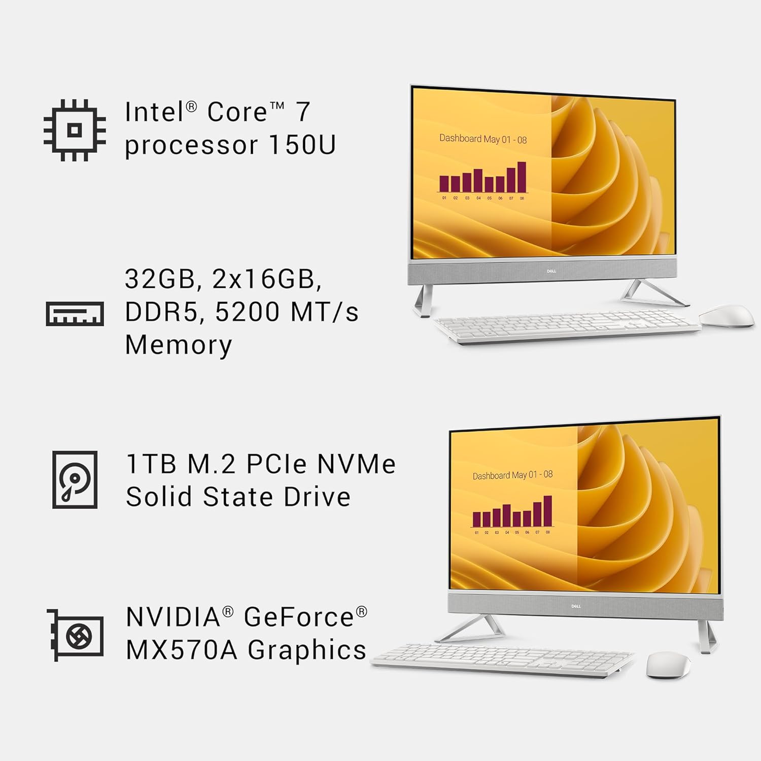 Dell 27 All-in-One Desktop ec27250-27-inch FHD Touch Display, Intel Core 7 Processor 150U, NVIDIA GeForce MX570A 2GB GDDR6 Graphics, 32GB DDR5 RAM, 1TB SSD, Windows 11 Pro, Onsite Service - White - Image 10
