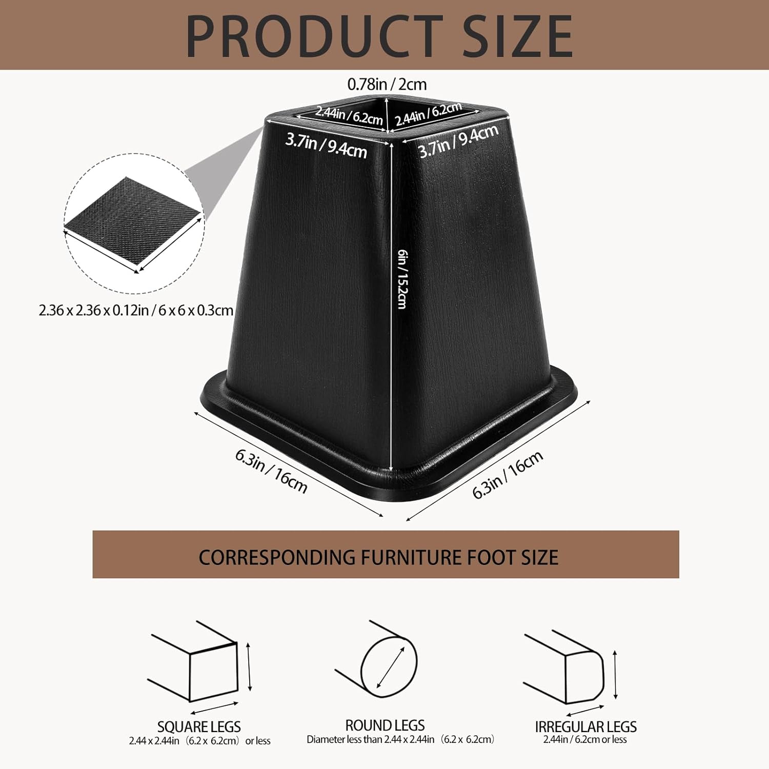 6 Pack Bed Furniture Risers, 6 Inch Quality Plastic Couch Lift Risers Stackable Black Bed Legs for Sofa, Chair, Cabinet, Desk, Supports up to 2200 Lbs per Leg - Image 3