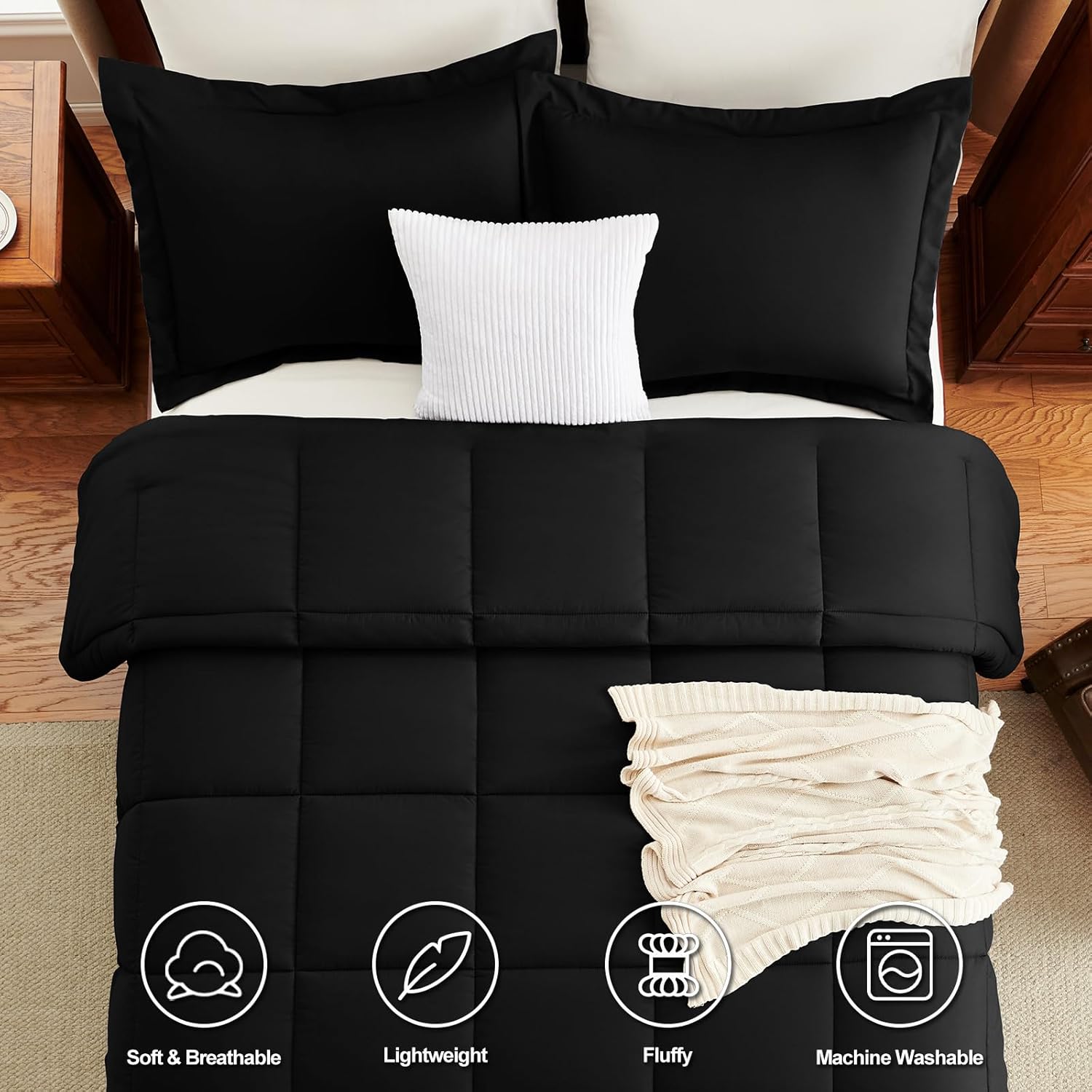 CozyLux Queen Comforter Set Black - 270GSM 3 Pieces Box Stitched Comforters Queen Size, Soft Bed Set for All Seasons, Lightweight Bedding Sets with 1 Down Alternative Comforter and 2 Pillow Shams - Image 5