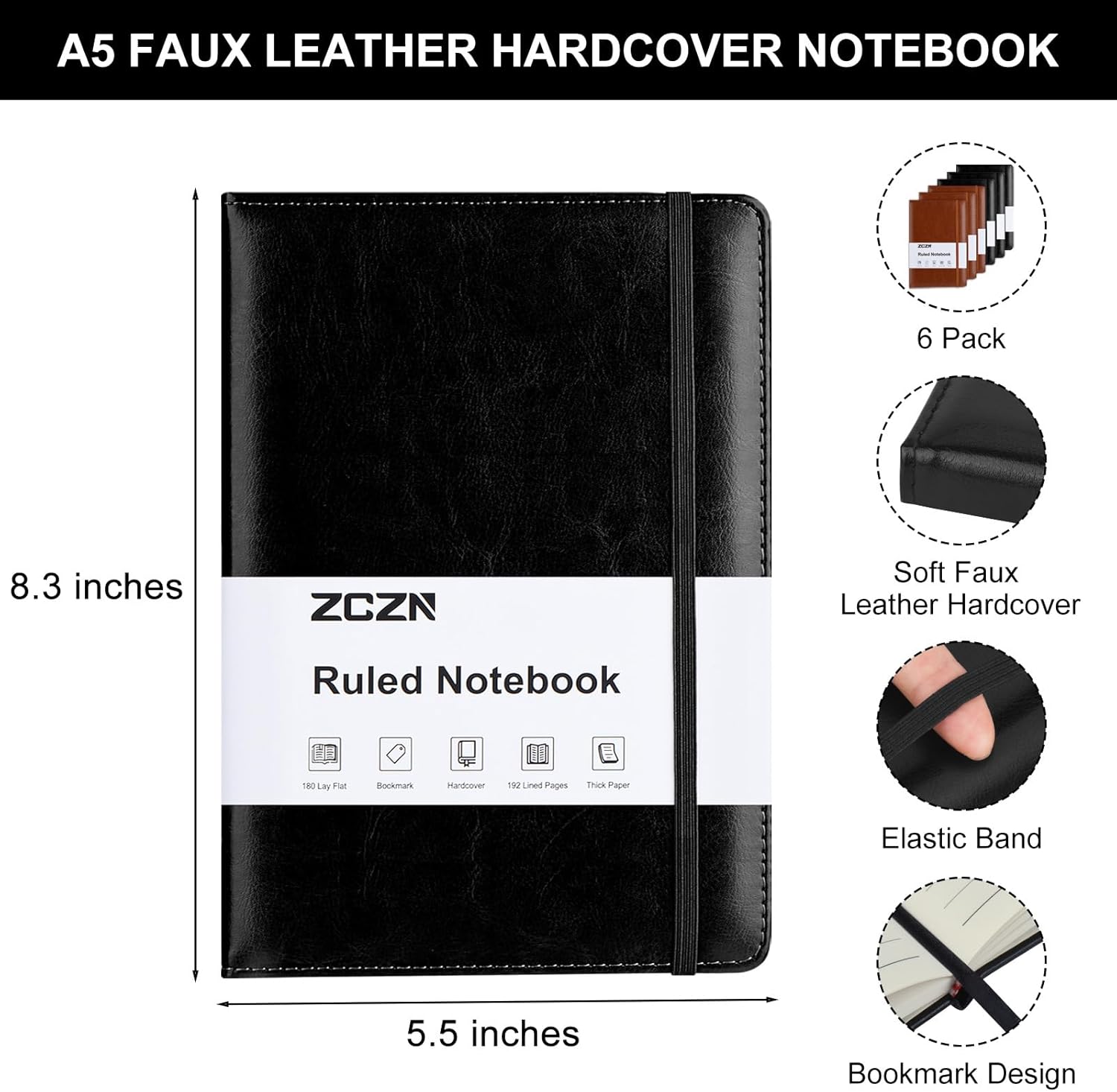 ZCZN 6 Pack Lined Journal Notebooks, 192 Pages A5 Hardcover Leather Journals for Work,Writing,School & Travel, College Ruled Journaling Notebooks for Notes Taking,Diary Notepad (Black*3+Brown*3) - Image 2