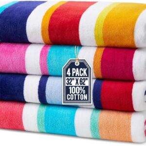 Ben Kaufman Joey Velour Colored Classic Multi-Color Stripe Beach & Pool Towel – Large Cotton Towel – Soft & Absorbant – Assorted Colors – 32” x 62” – 4 Pack