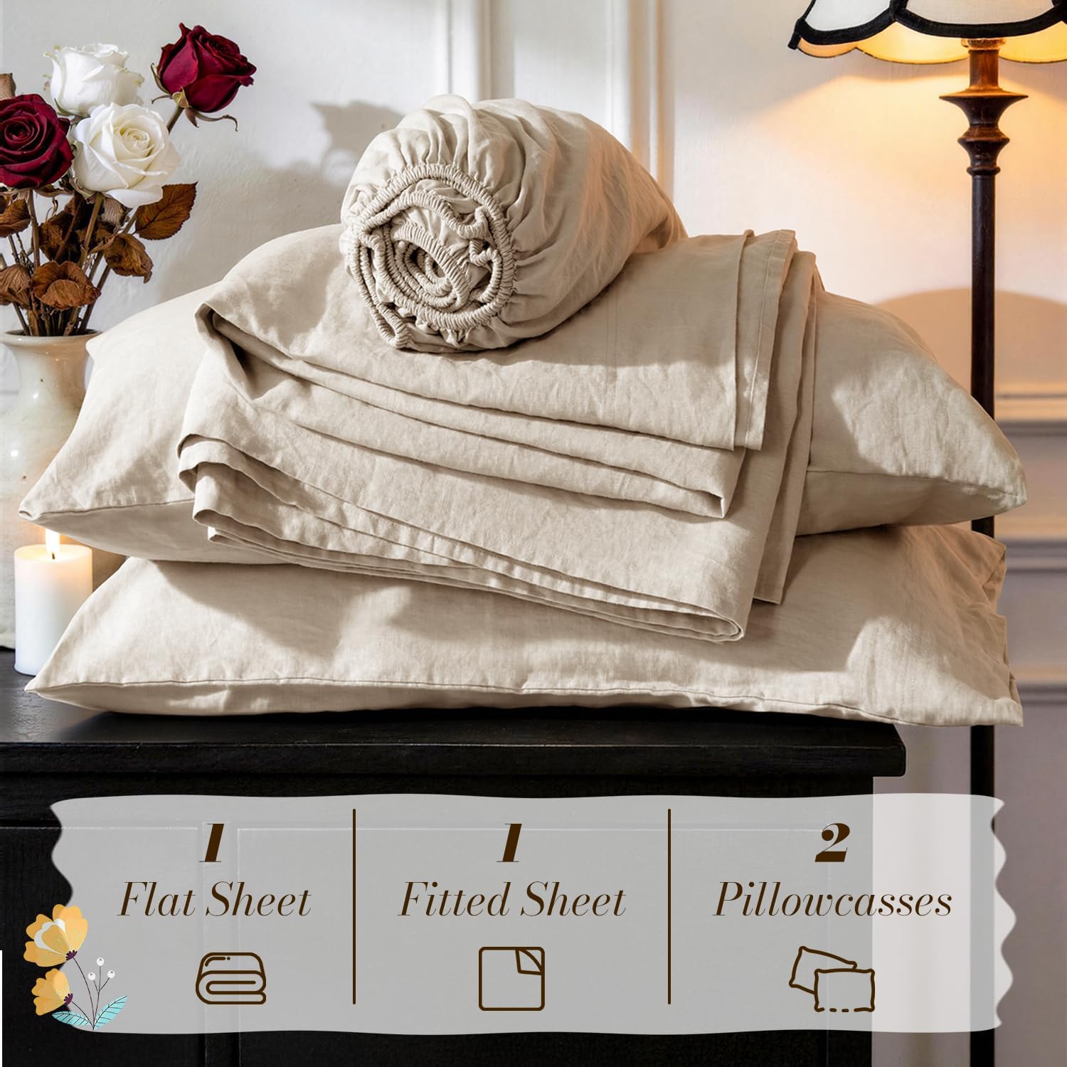 SONORO KATE 100% French Pure Linen Sheets, Breathable and Durable Linen King Size Sheets, Anti-Tear Linen Bed Sheets, Machine Washable, 16 Inch Deep Pocket - 4 Piece (Natural Linen, King) - Image 7
