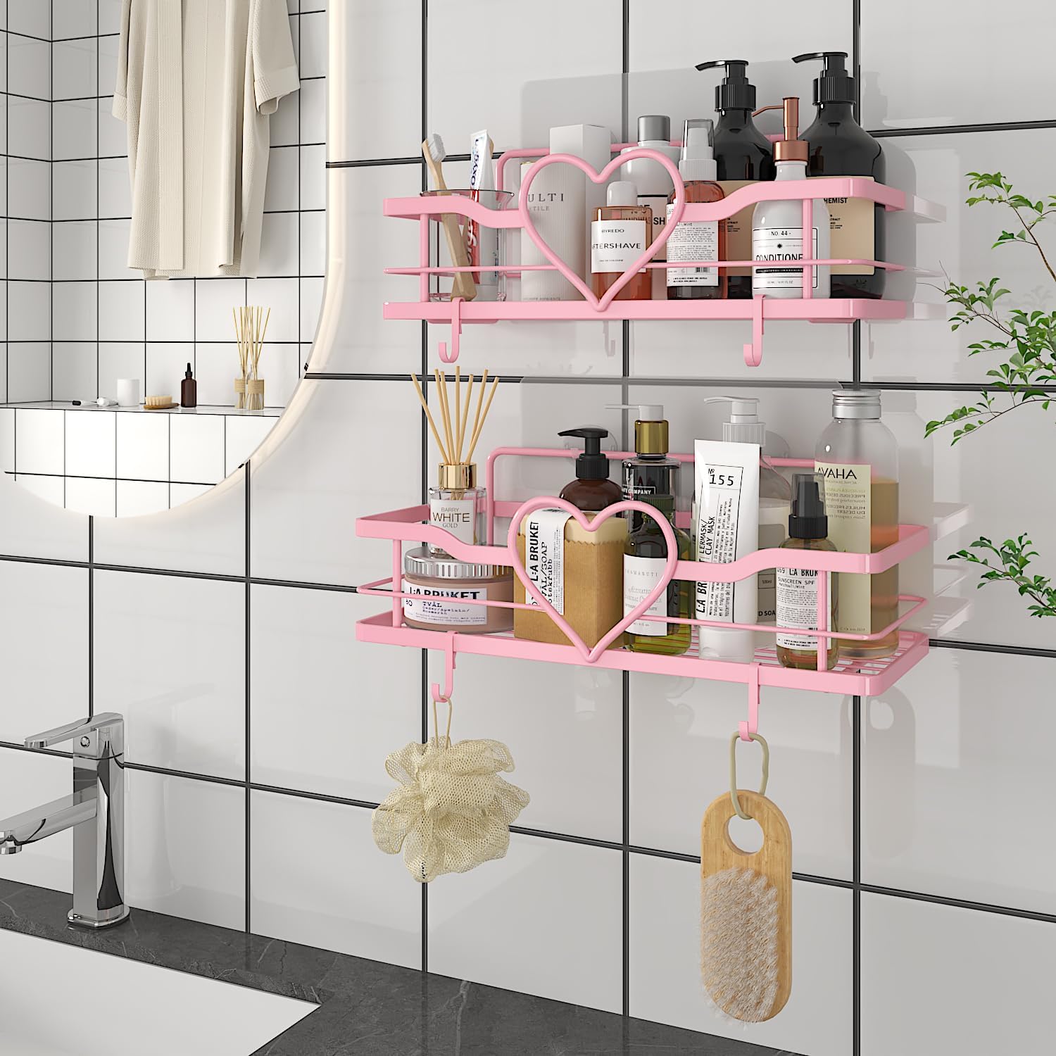 Pink Shower Caddy with 4 Removable Hooks, 2 Pack Sweet Heart Shower Shelves,No Drilling Adhesive Organizer Shelf for Bathroom Shower,Kitchen,Bedroom - Image 8