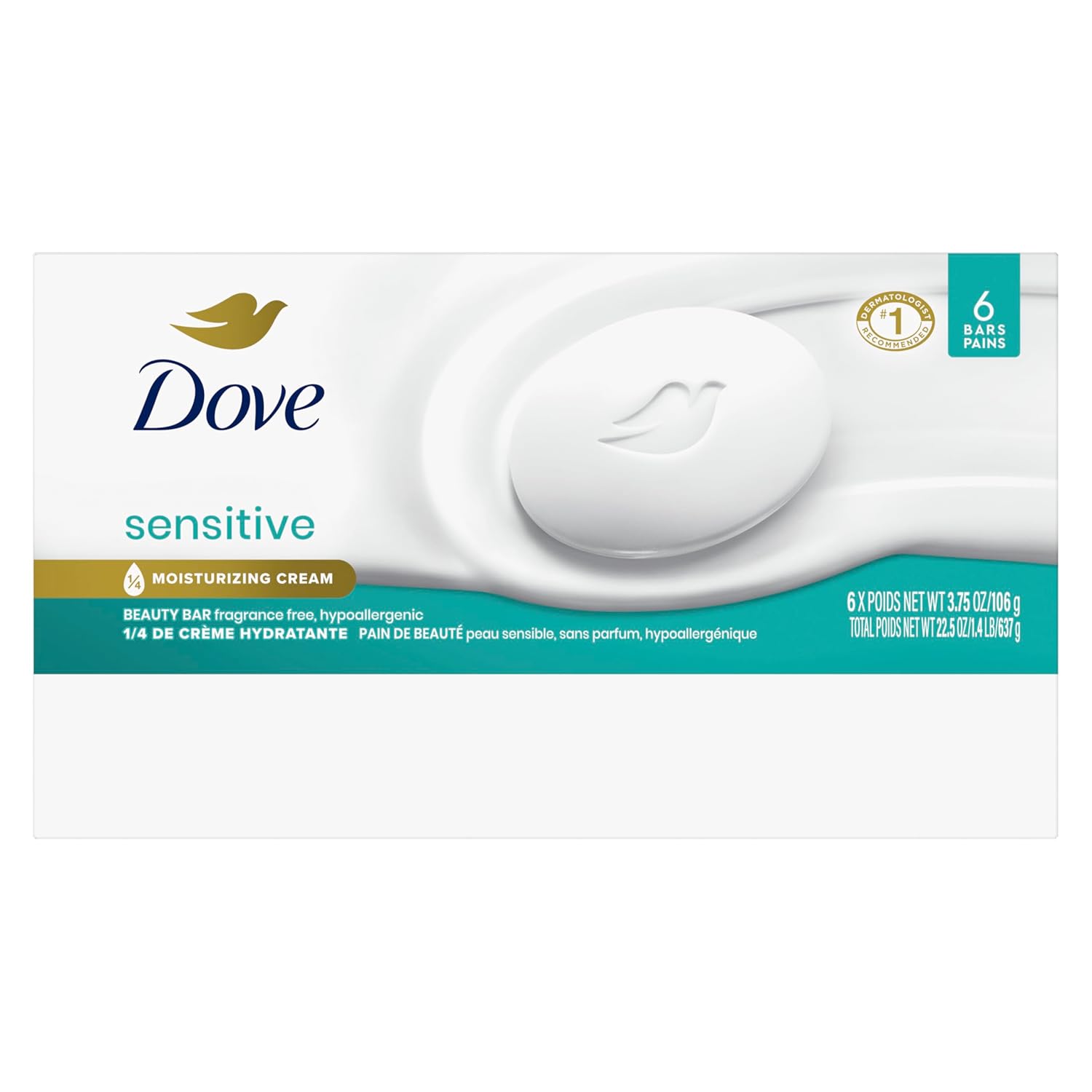 Dove Beauty Bar Soap Sensitive, 6 Bars for Sensitive Skin, Fragrance Free and Hypoallergenic 3.75 oz - Image 3