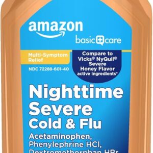 Amazon Basic Care Maximum Strength Nighttime Severe Cold and Flu Relief, Honey Flavor, Multi-Symptom Relief for Cough, Sore Throat, Congestion, 12 fl oz (1-Pack)