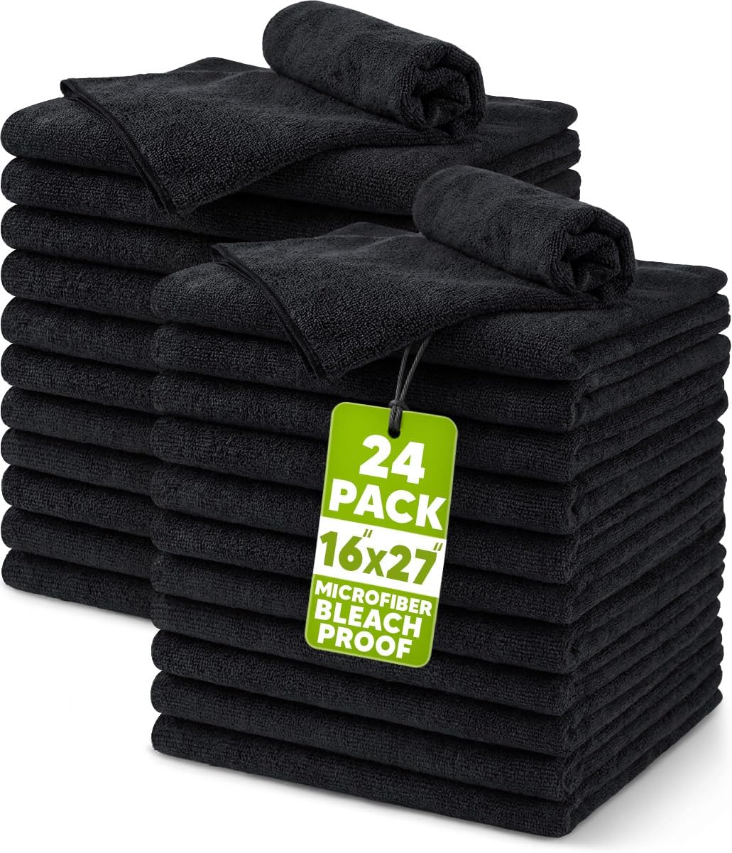 Utopia Towels Microfiber Bleach Safe Salon Towel 16 by 27 inches, 24 Pack Gym Hand Towels, Black