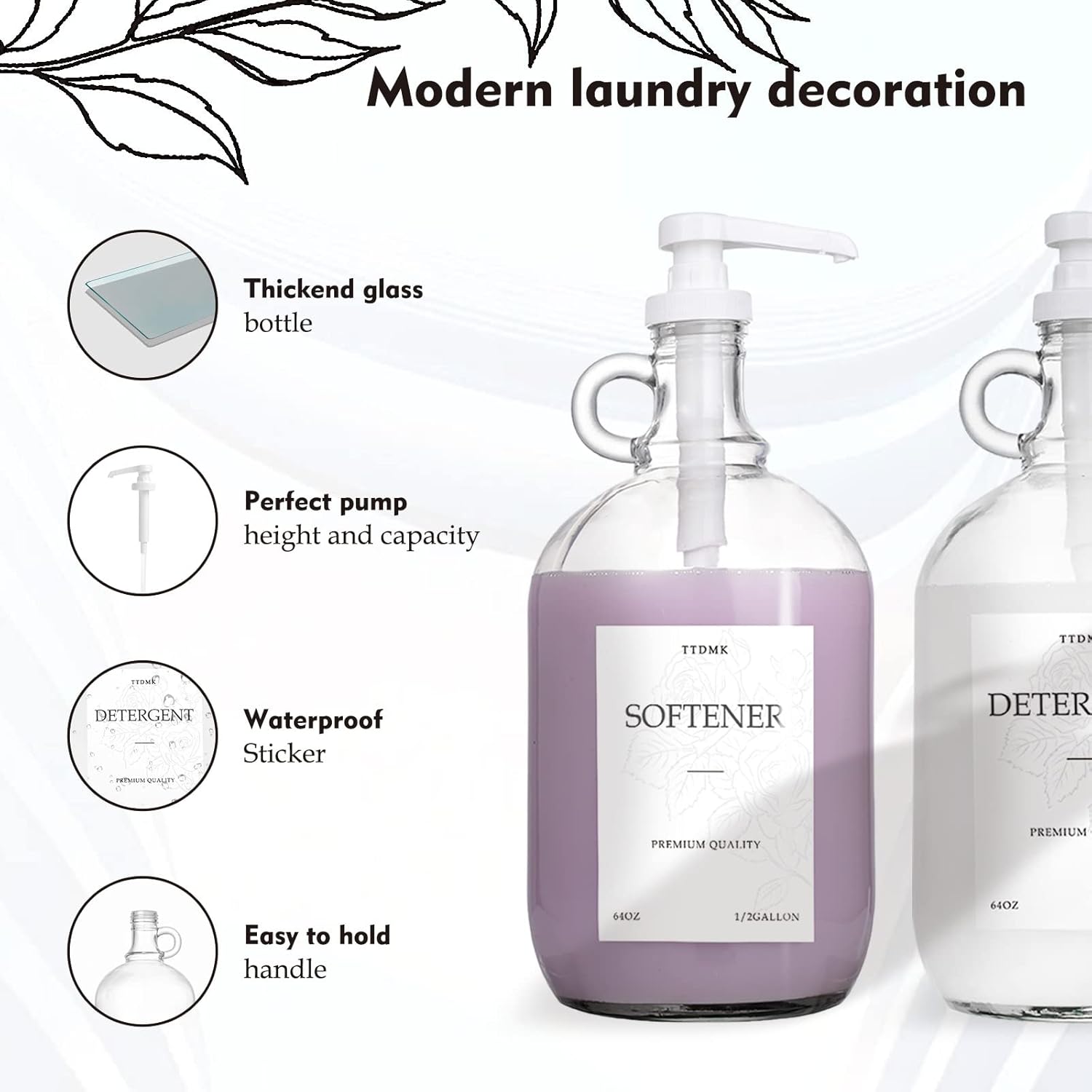2 Pcs Glass Liquid Laundry Detergent Dispenser, Half Gallon Laundry Soap Dispenser for Laundry Room (64 oz. Each), Laundry Detergent Bottles with Pump Dispenser -Includes Labels, Funnel, Measuring Cup - Image 7
