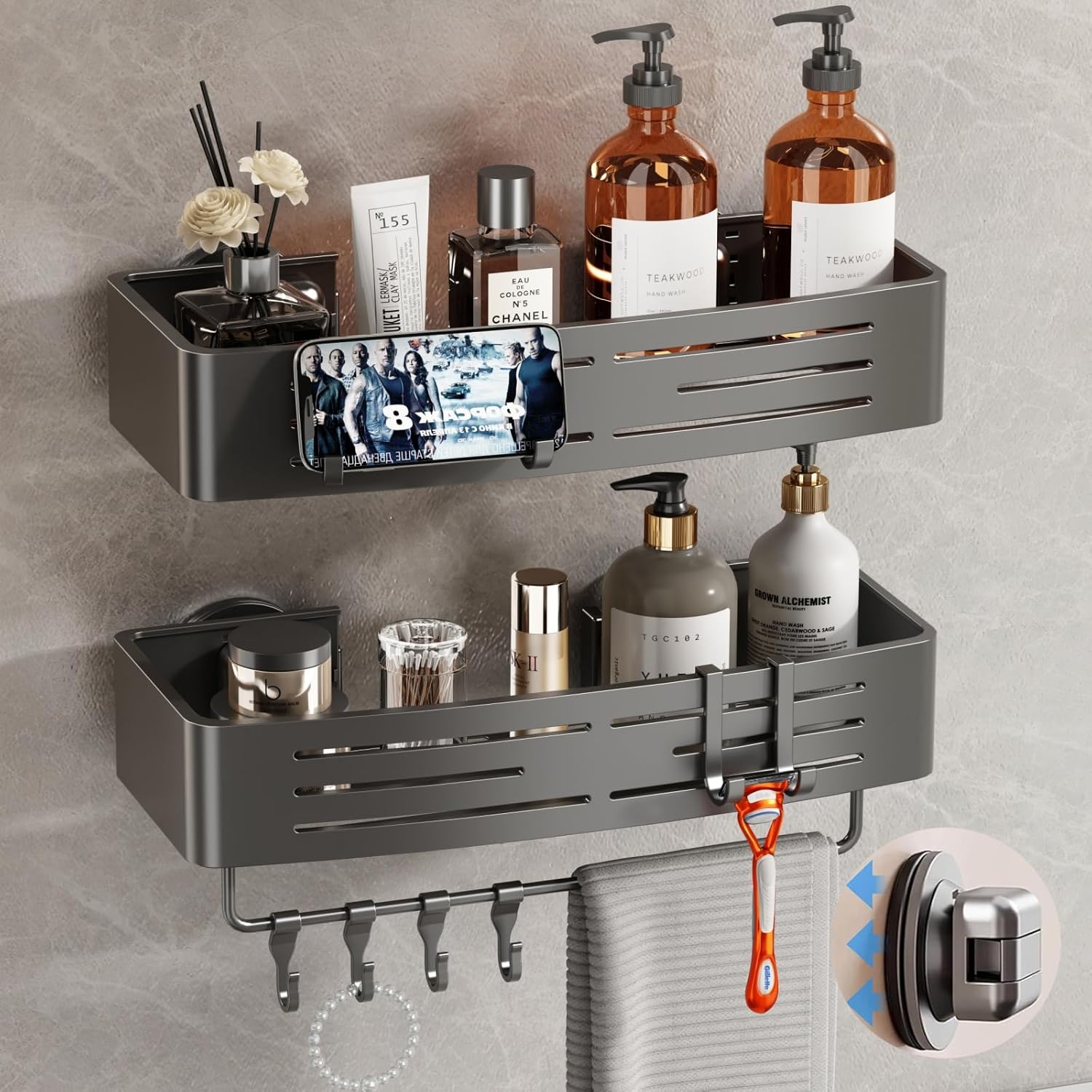Voldra Shower Caddy Suction Cup, 2 Pack Shower Shelves for Inside Shower No Drilling, Aluminum Suction Showers Organizer with Towel Bar & Hooks Removable Bathroom Shelf Storage Rack(Gray) - Image 2