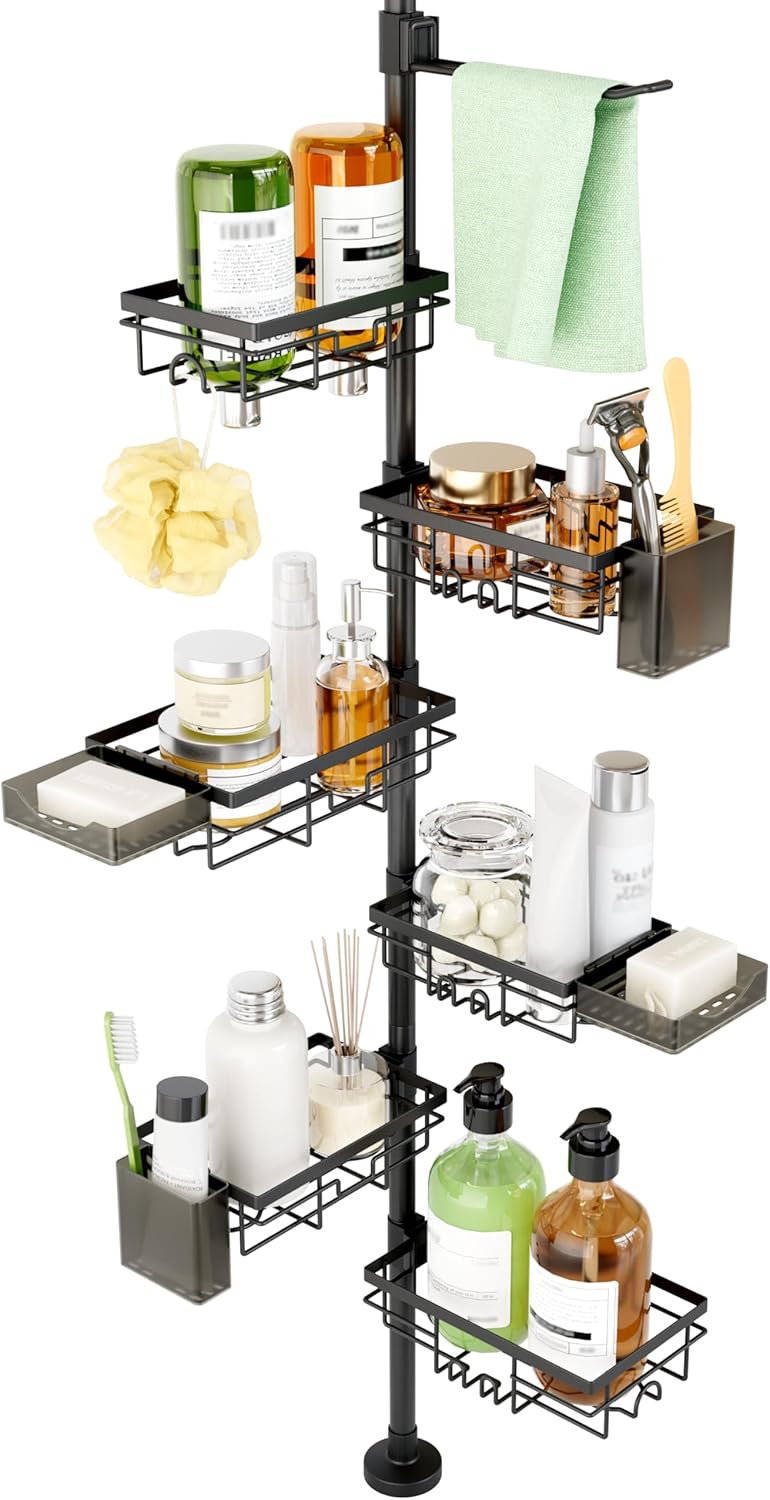 Shower Tension Rod Organizer, 6 Tier Rustproof Corner Shower Caddy Tension Pole with Soap Holder & Hooks, Adjustable 30-121 Inch Bathroom Shelf for Renters - Family Stand Storage Rack, Black - Image 2