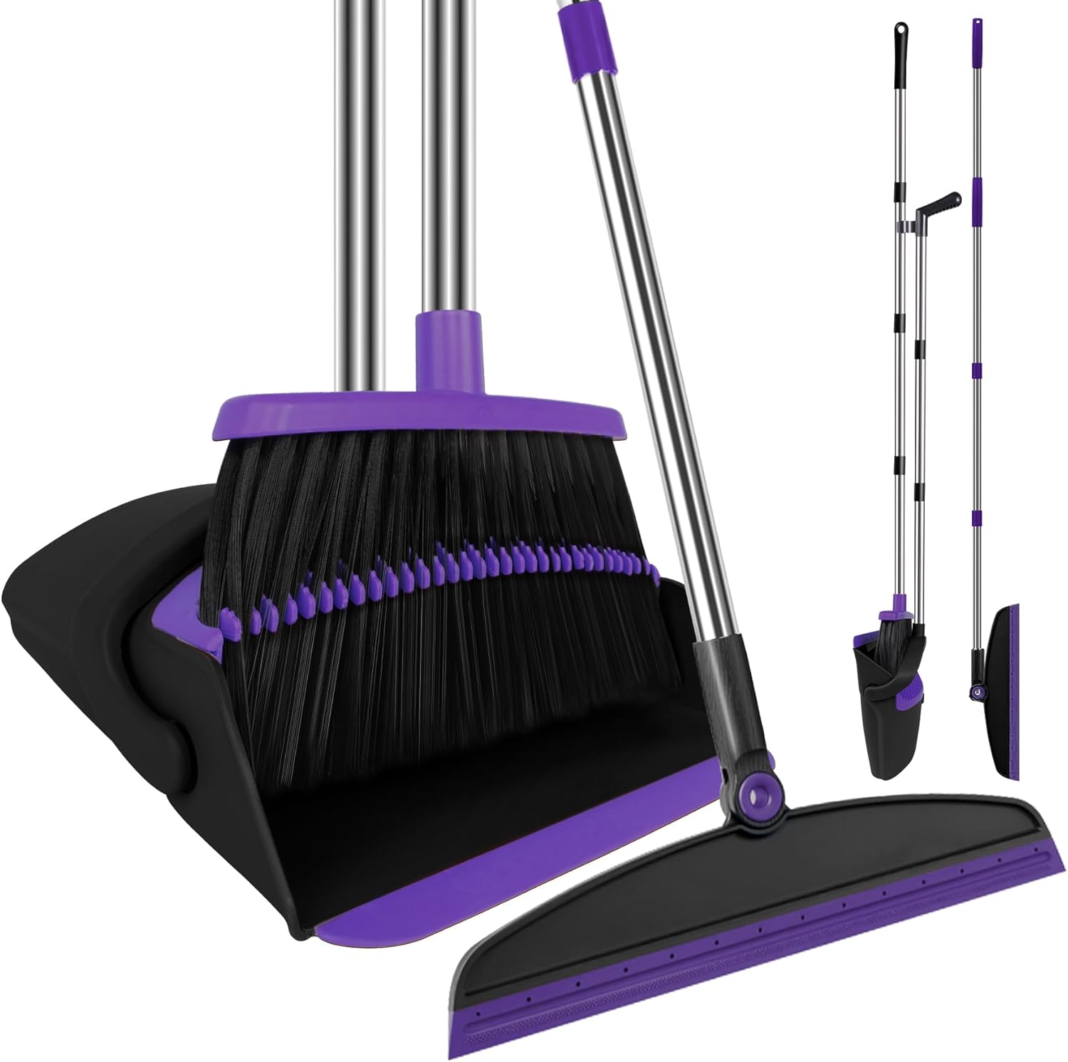 Broom with Dustpan Combo Set and Silicone Air Broom Kit, 51" Long Handle Floor Squeegee, Purple Household Kit for Glass Window Rugs Pet Hair Home - Image 2