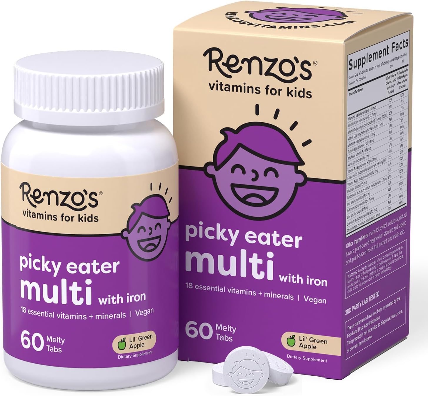 Renzo's Picky Eater Kids Multivitamin with Iron - Dissolvable Kids Vitamins with Iron, Zinc, Vitamin C, Vitamin D, E & K, Sugar-Free Melty Tabs, Green Apple Flavor, 60-Count (1-2 Month Supply) - Image 2