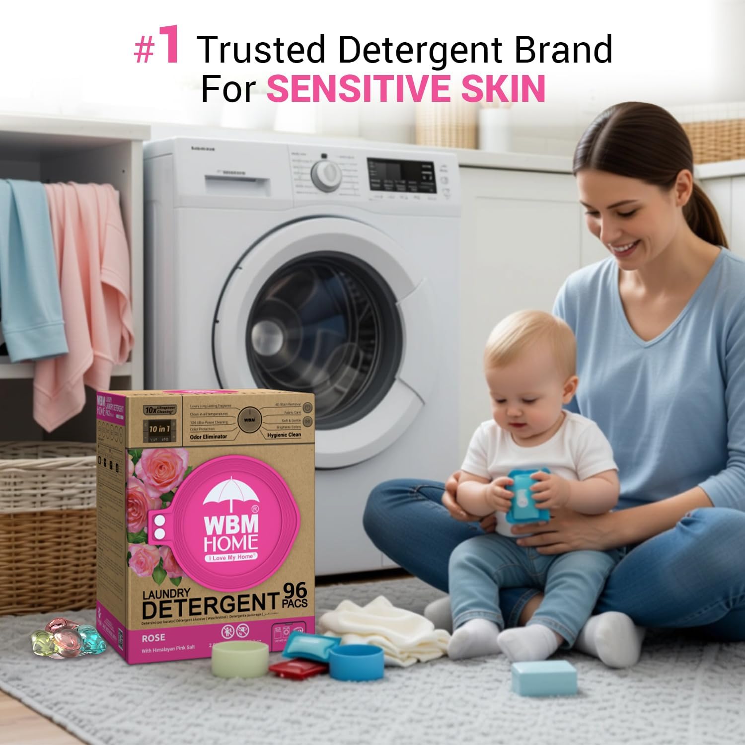 WBM Home 10-in-1 Laundry Pods, Total 96 Count, Ultra Concentrate with Powerful Stain Lifter Technology, Fabric Softener With Rose Extracts, Detergent Pods - Image 8