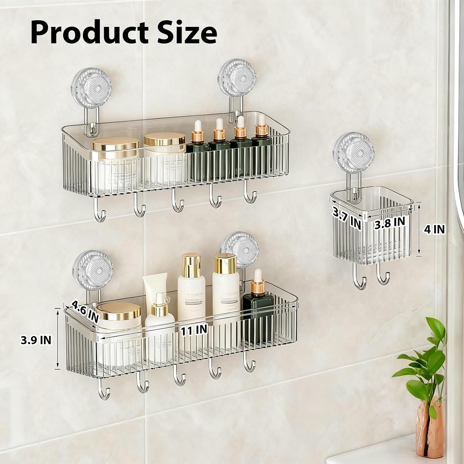 3 Pack Suction Cup Shower Caddy, Clear Shower Shelves No Drilling with Movable Hooks & Toothbrush Holder, Wall Storage Shelves for Bathroom, Kitchen - Image 4