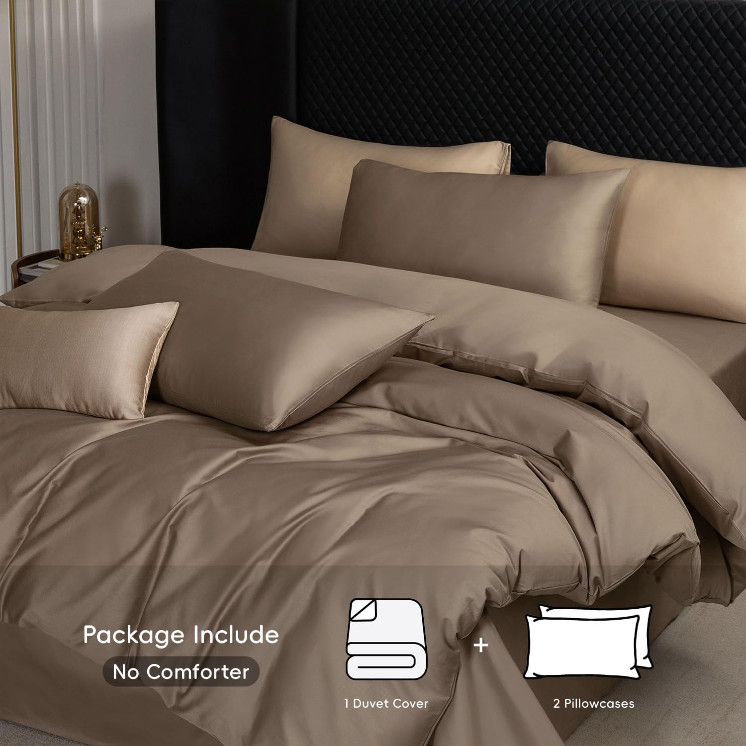 MooMee Duvet Cover Set, 100% Extra Long Staple Cotton 600 Thread Count Sateen Smooth Luxury Breathable Hotel Quality Cooling Bedding for All Season, 3 Pieces (Mocha Brown, Queen 90"x90") - Image 3