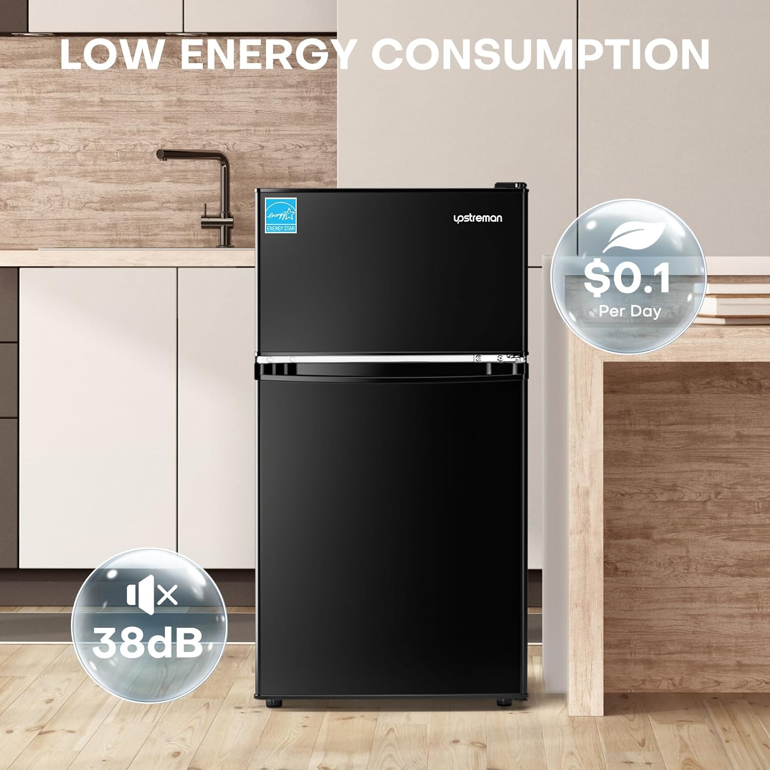 Upstreman 3.1 Cu.Ft Mini Fridge with Freezer, Double Door Small Fridge, Dorm Essentials, Adjustable Thermostat, Energy Saving, Mini Refrigerator for Office, Dorm, Bedroom, Black - Image 6