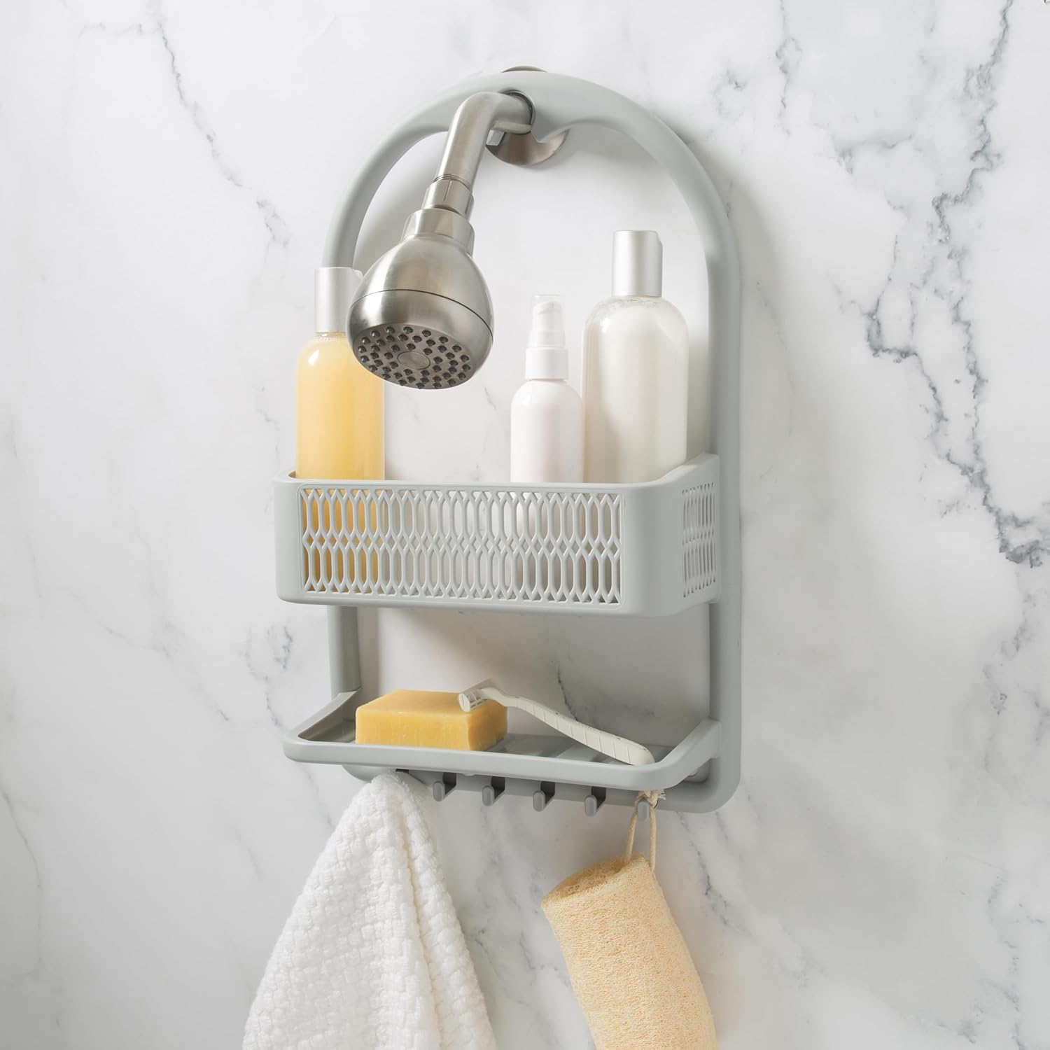 Bath Bliss Molded Shower Caddy | Bathroom Storage | Hangs Over Shower Head | 6 Accessory Hooks | Holds Razors | Washcloths | Accessories | Suction Cup Stability | Grey - Image 3