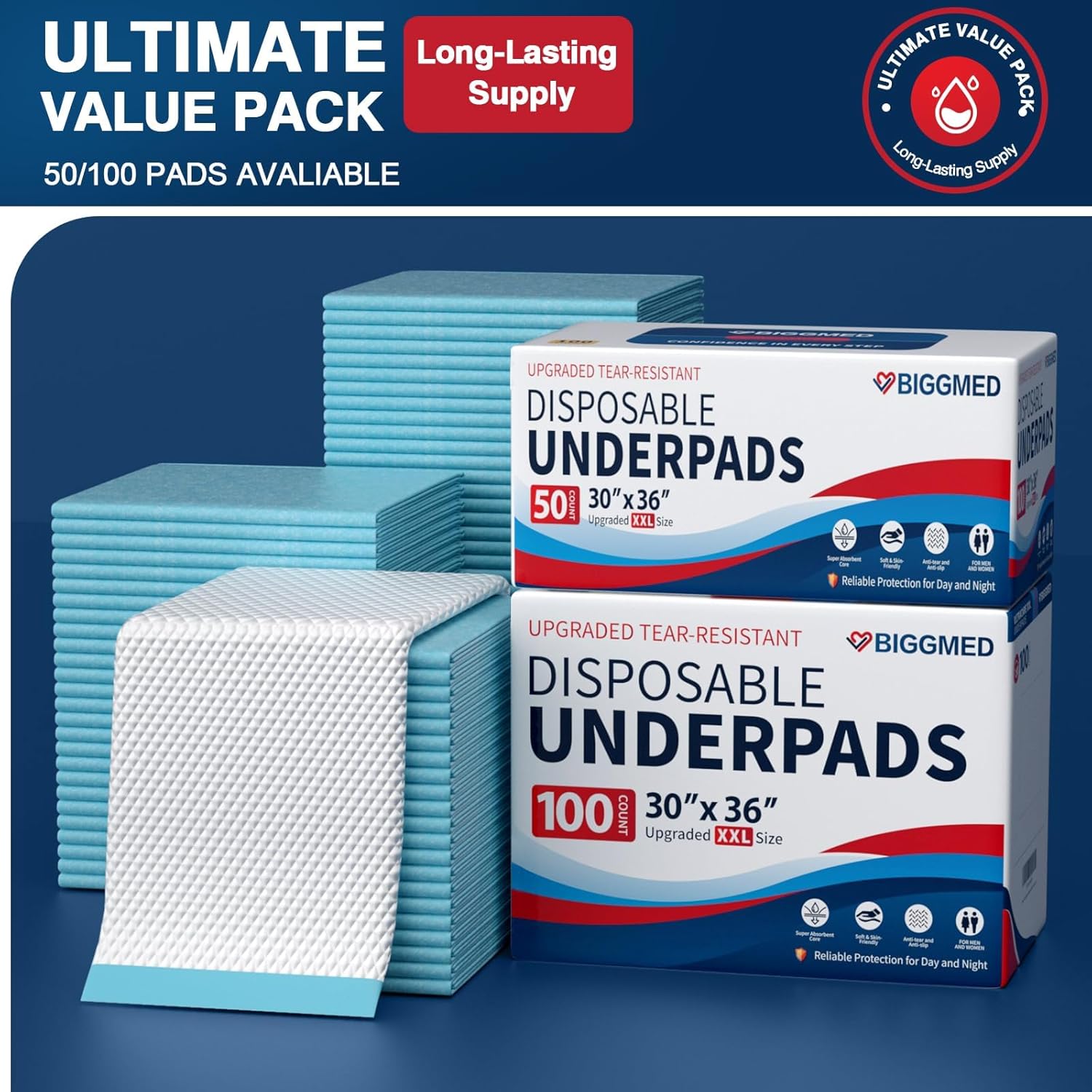 BIGGMED Tear-Resistant Disposable Bed Pads 30" x 36" 50 Count Absorbent Underpads, Chux Thicker Extra Large Incontinence Bed Pads, Pee Pads for Adults, Kids, Elderly, Pets - Image 8