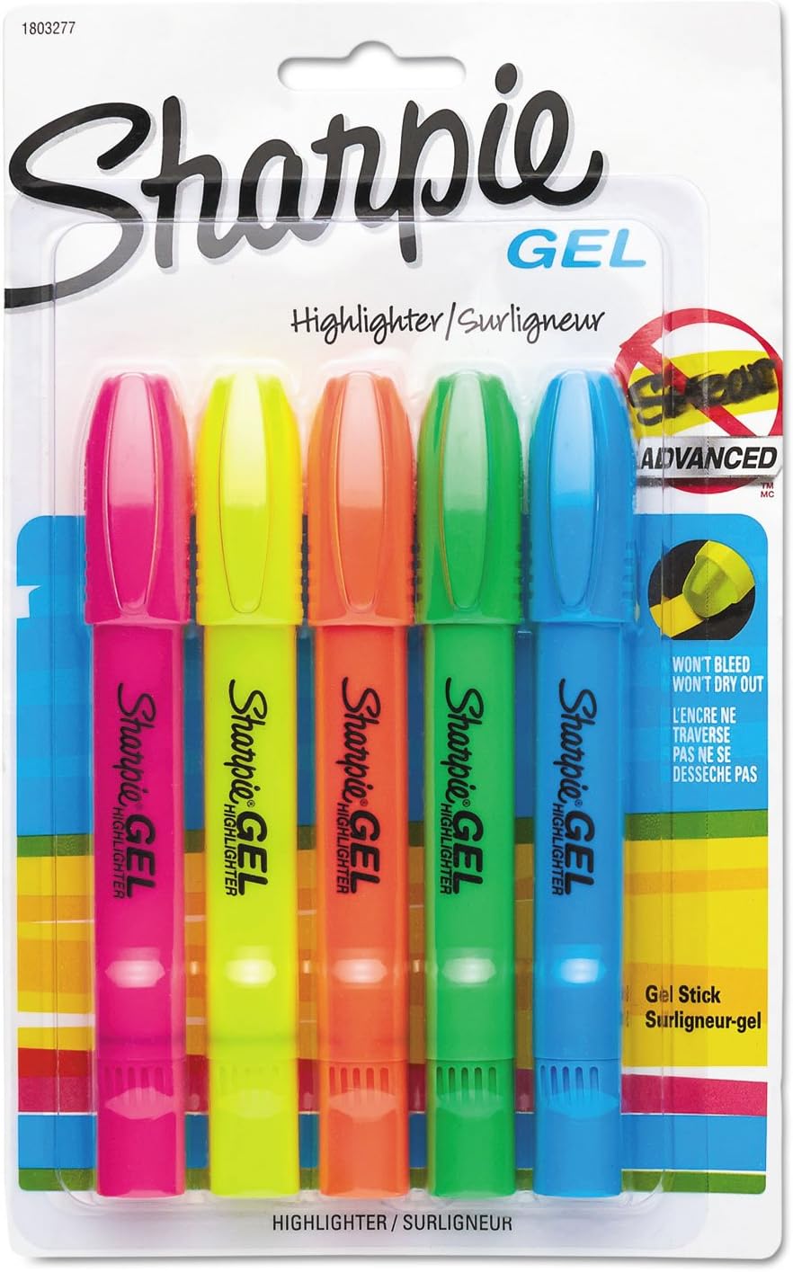 Sharpie Gel Highlighters, Bullet Tip, Assorted Fluorescent Markers, 5 Count - Won't Dry Out, Smear And Bleed Resistant - Image 2