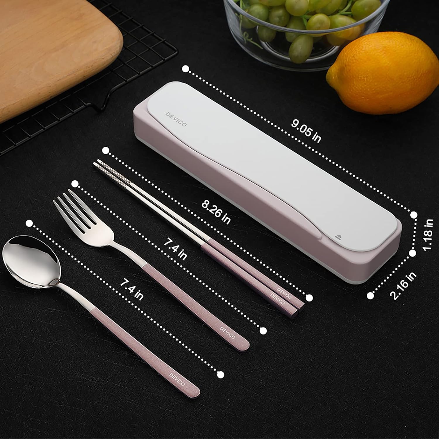 DEVICO Travel Utensils, 18/8 Stainless Steel 4pcs Cutlery Set Portable Camp Reusable Flatware Silverware, Include Fork Spoon Chopsticks with Case (Pink) - Image 4