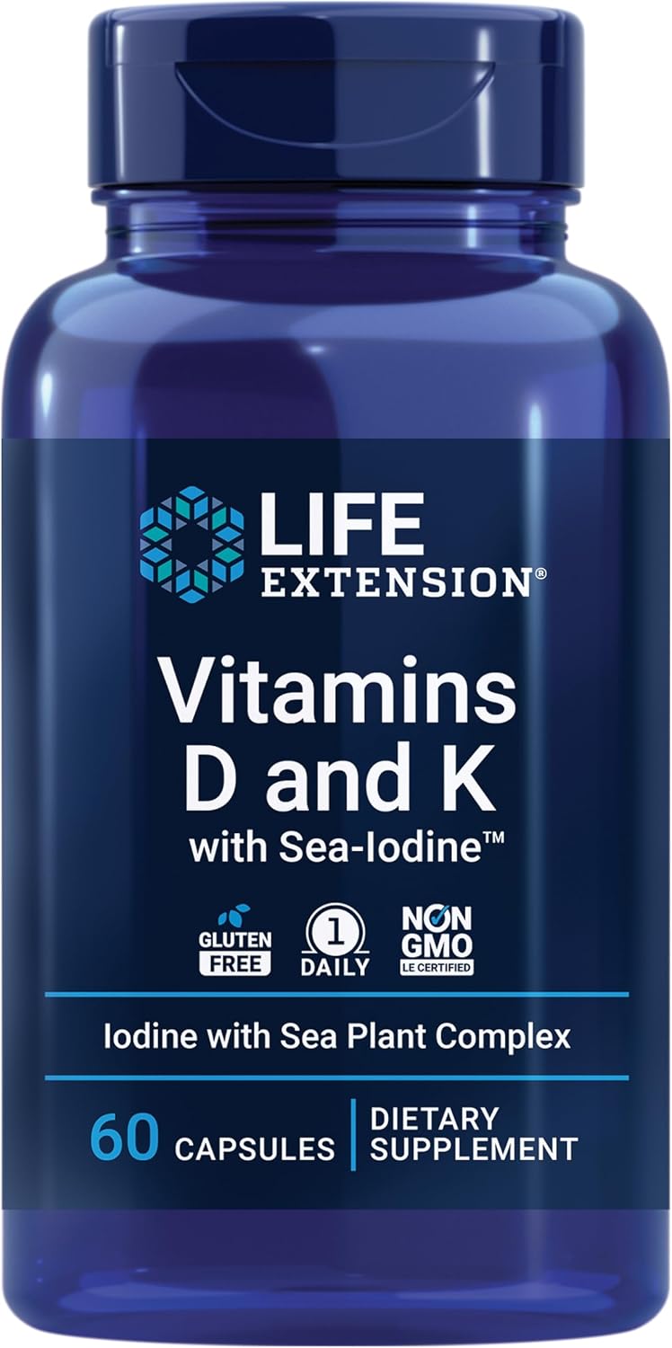 Life Extension Vitamins D and K with Sea-Iodine, Vitamin D3, Vitamin K1 and K2, Iodine, Supports Immune, Bone, arterial and Thyroid Health, Non-GMO, Gluten-Free, 60 Capsules - Image 2
