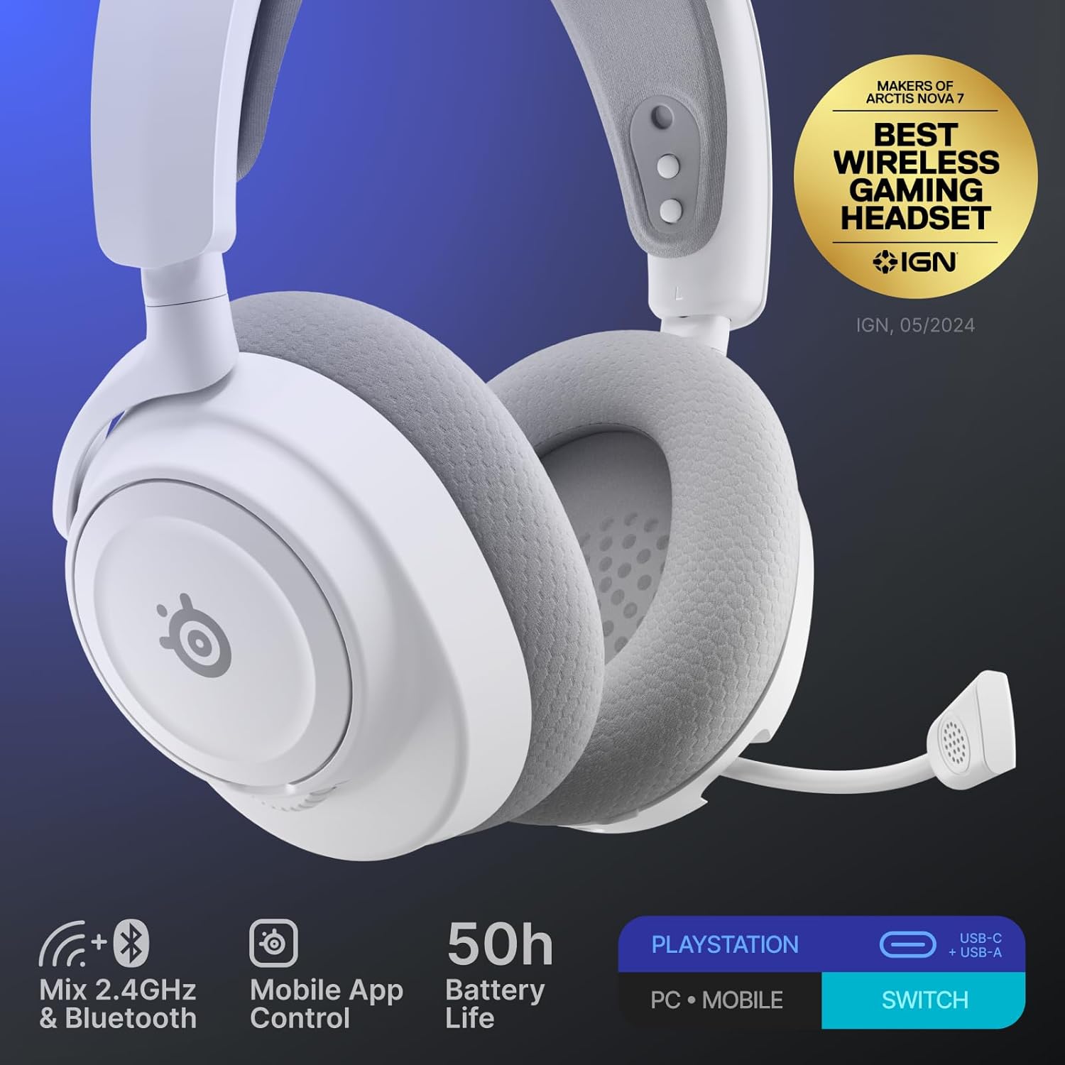 SteelSeries Arctis Nova 7P Wireless Gen 2 Gaming Headset - Real-Time App Control, 50+ HR Play, Neodymium Magnetic Drivers, Mix 2.4GHz/Bluetooth, PS5, PS4, PC, Switch 1/2, Mobile - White - Image 2