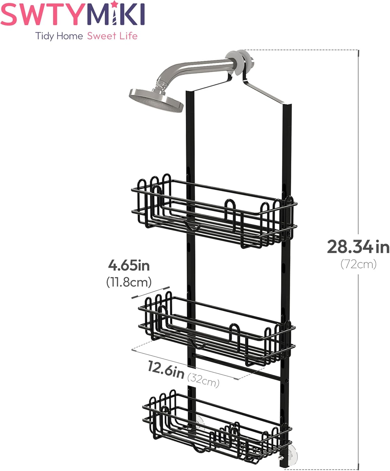 SWTYMIKI Shower Caddy Hanging Organizer - 3-Tier Rustproof Shower Organizer Over Showerhead with Adjustable Baskets, 24 Hooks, Soap & Razor Holder - No Drill Large Bathroom Storage Rack, Black - Image 8