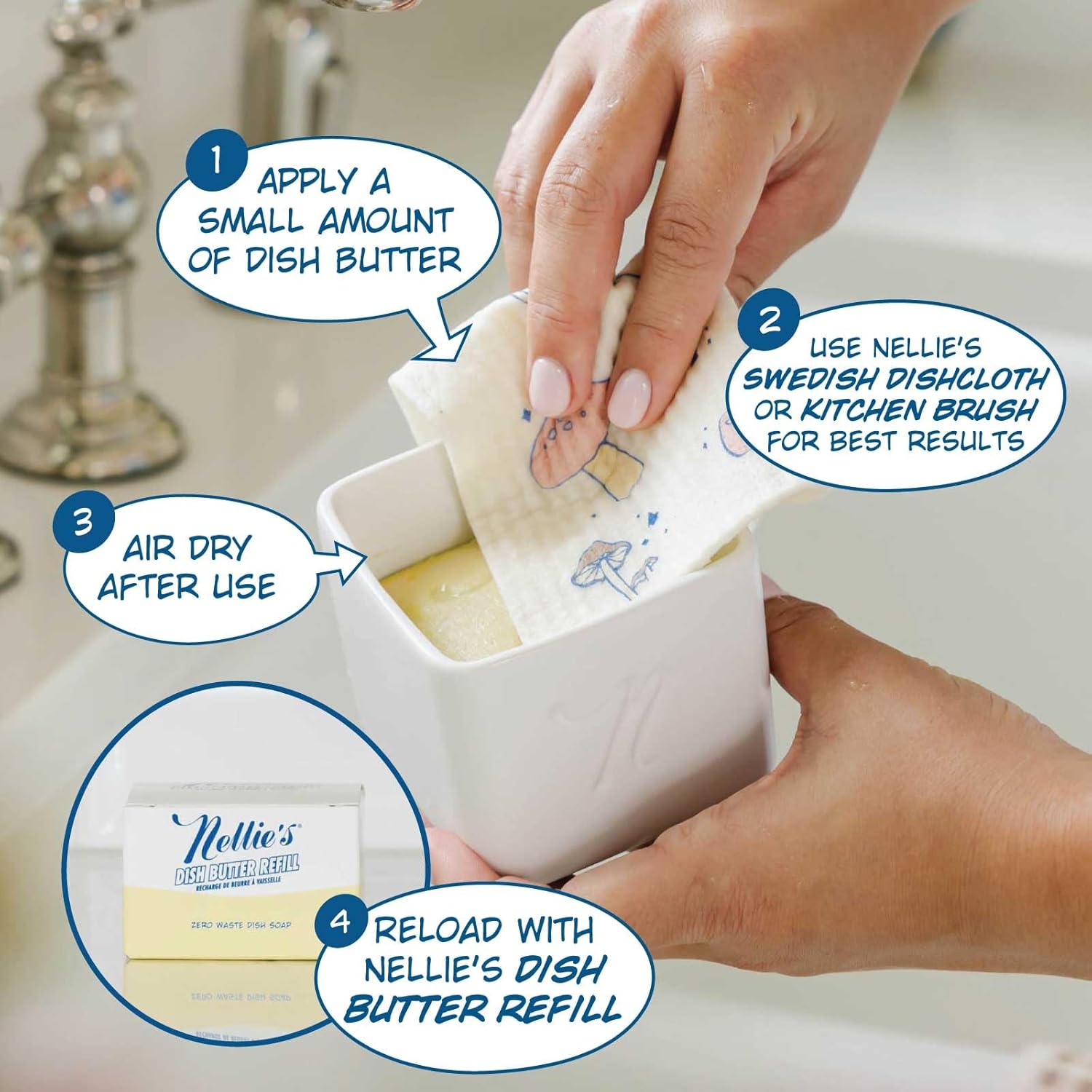 Nellie's Dish Butter - Zero-Waste Alternative to Liquid Dish Soap with Reusable Ceramic Container (White) - Light Lemongrass Scent - Plastic-Free Dishwashing - (Made in Canada) - Image 7
