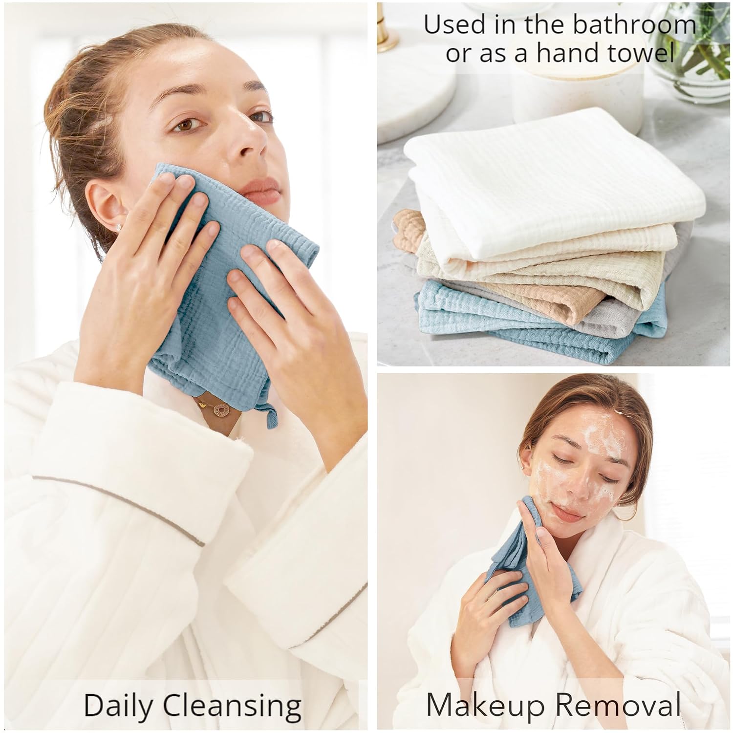 Konssy 7-Pack Ultra Soft Muslin Cotton Face Wash Cloths, Reusable Absorbent Washcloths for Sensitive Skin, Lightweight Facial Makeup Remover Towels for Women (11 x 11 Inch) - Image 3