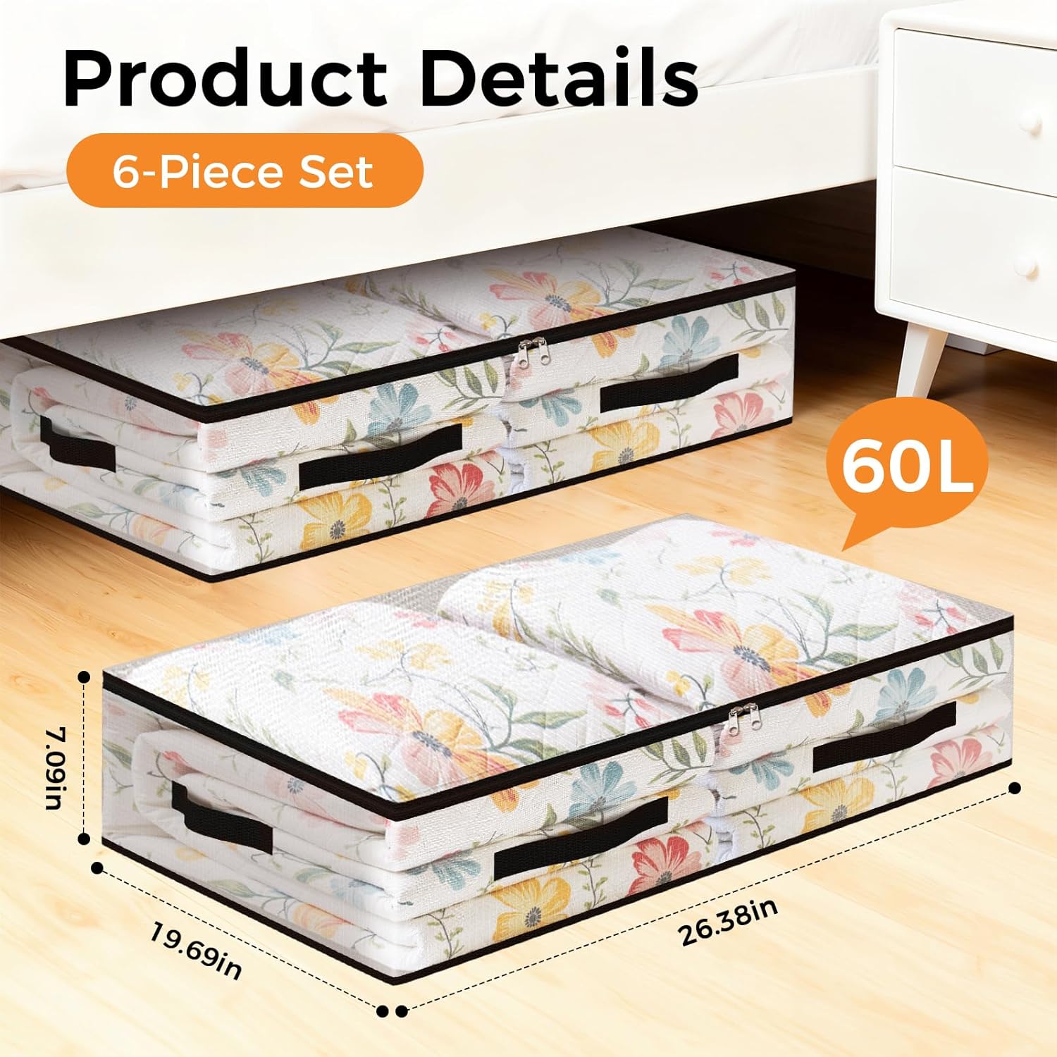 6 Pack Under Bed Storage Bags, 60L Foldable Clear Storage Containers with Handles, Dual Zippers for Comforter, Clothes, Bedding, Linen Sheets, Sweaters, Blanket Storage - Image 3