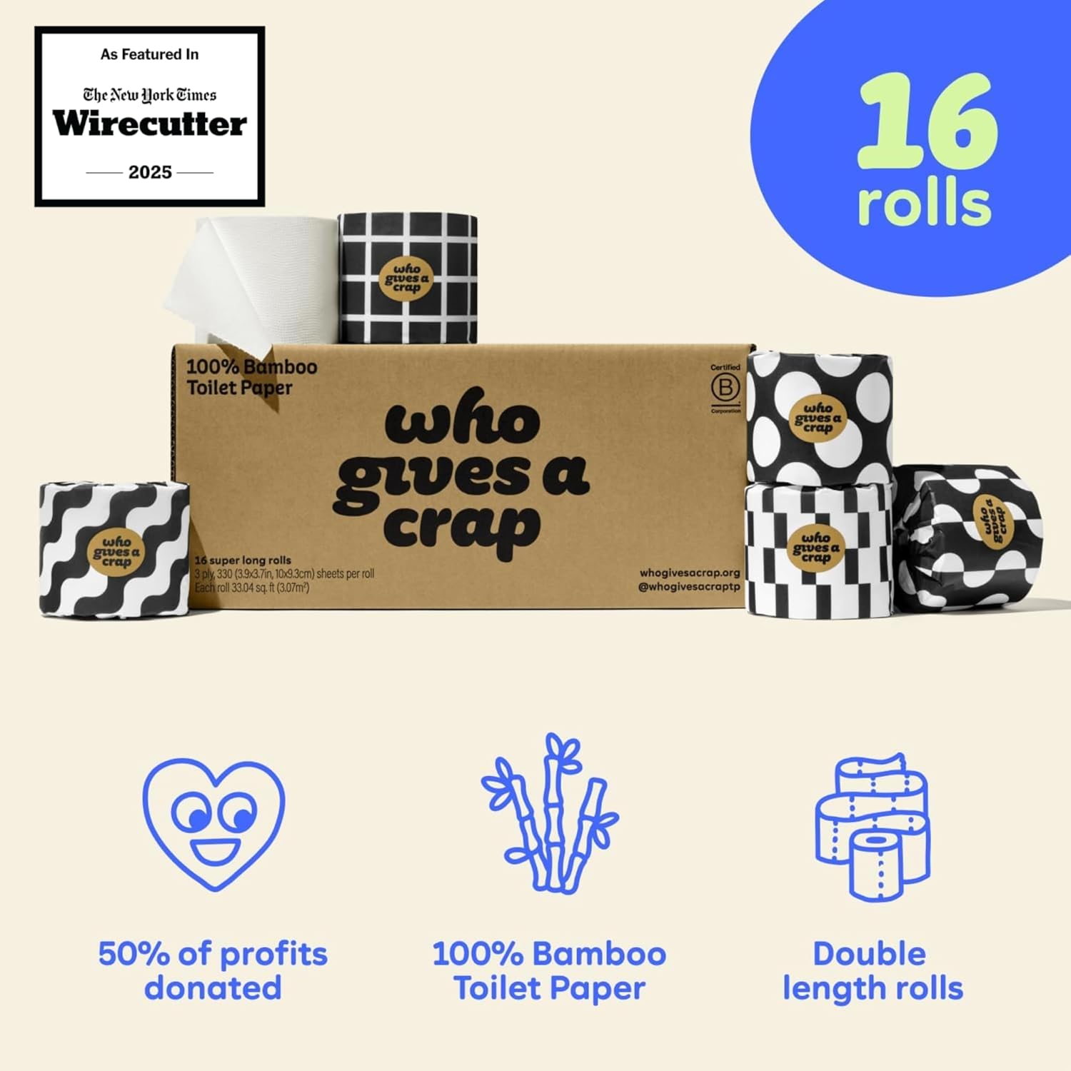 Who Gives A Crap 100% Bamboo Toilet Paper, 16 Rolls, 3 Ply, 330 Sheets, Long, Strong & Soft Toilet Tissue, Sustainable, Biodegradable, Renewable, Tree Free Bathroom Tissue Made with Bamboo Fibers - Image 3