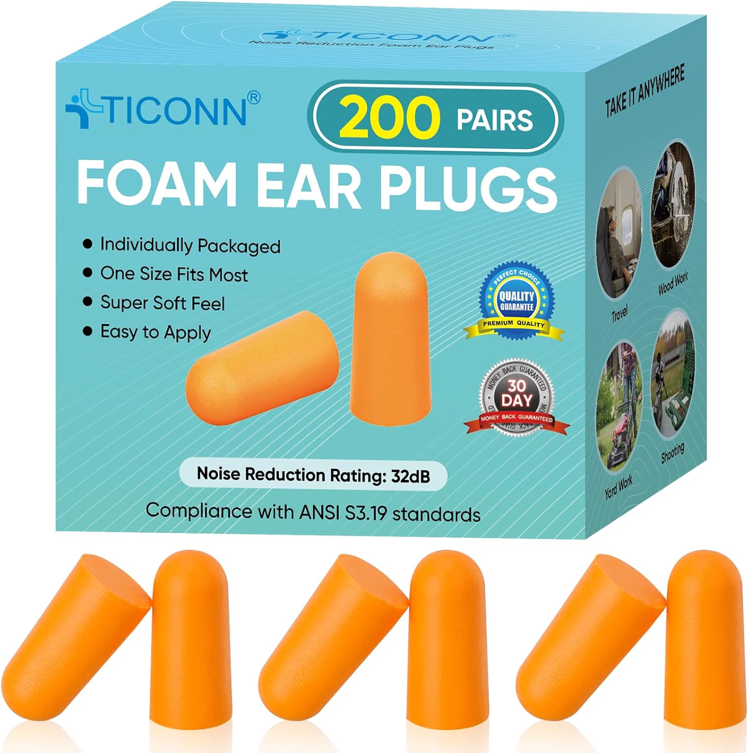 TICONN 200 Pairs Foam Ear Plugs, Individually Wrapped 32dB NRR Noise Reduction Earplugs for Sleeping Hearing Protection Travel Study Concentration Construction Site (200 Pairs) - Image 9