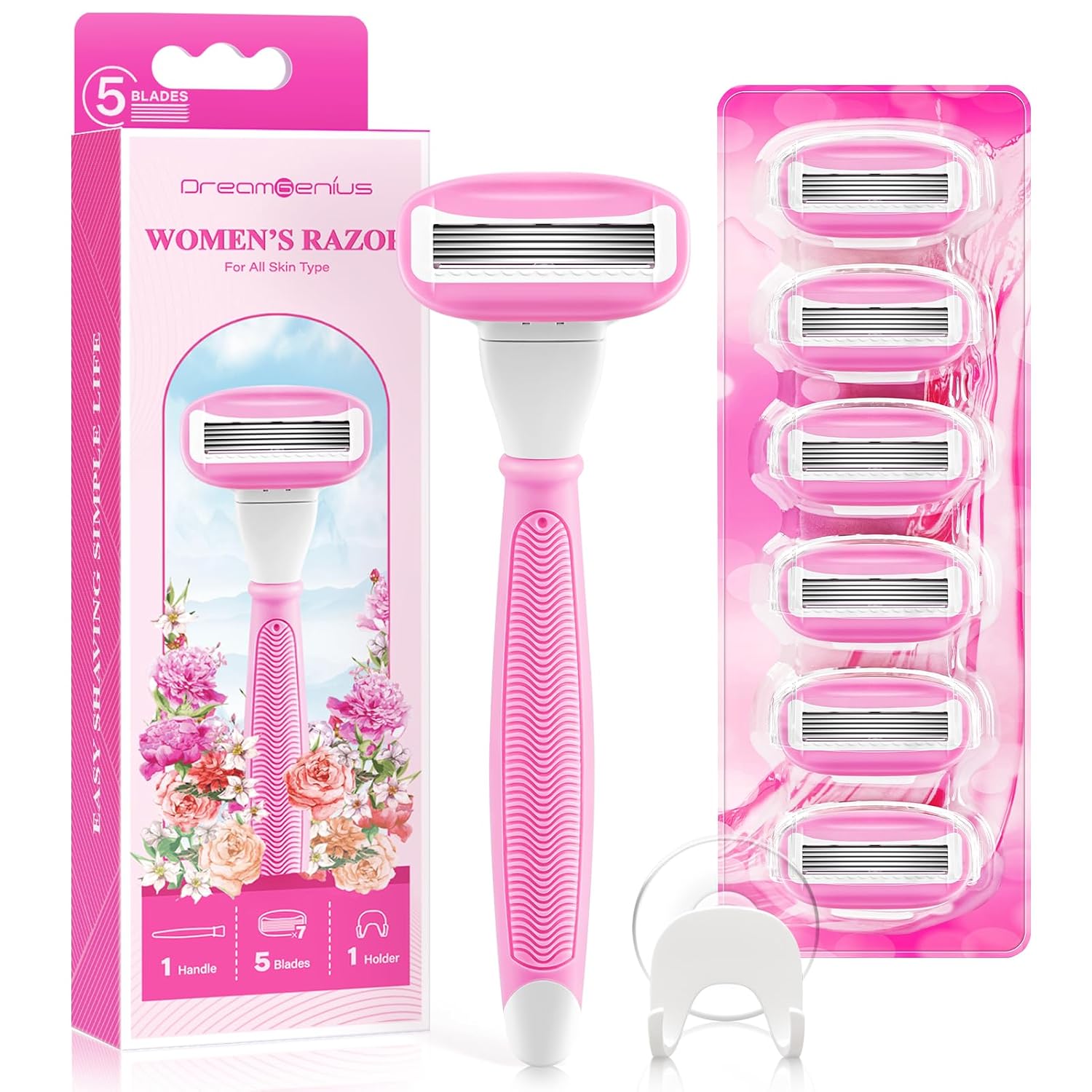 Razors for Women Include 1 Non-Slip Handle and 7 Blade Refills with a Shower Holder, 5 Premium Blades Women's Razors for Shaving with 360° Lubrication Reduces Irritation, Pink - Image 2