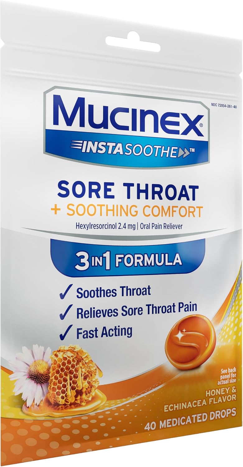 Mucinex Instasoothe Sore Throat Relief Drops, Sore Throat Lozenges, Sore Throat Medicine with Hexylresorcinol, Cough Drops Alternative, Honey & Echinacea Flavor Medicated Numbing Throat Drops, 40 ct - Image 10