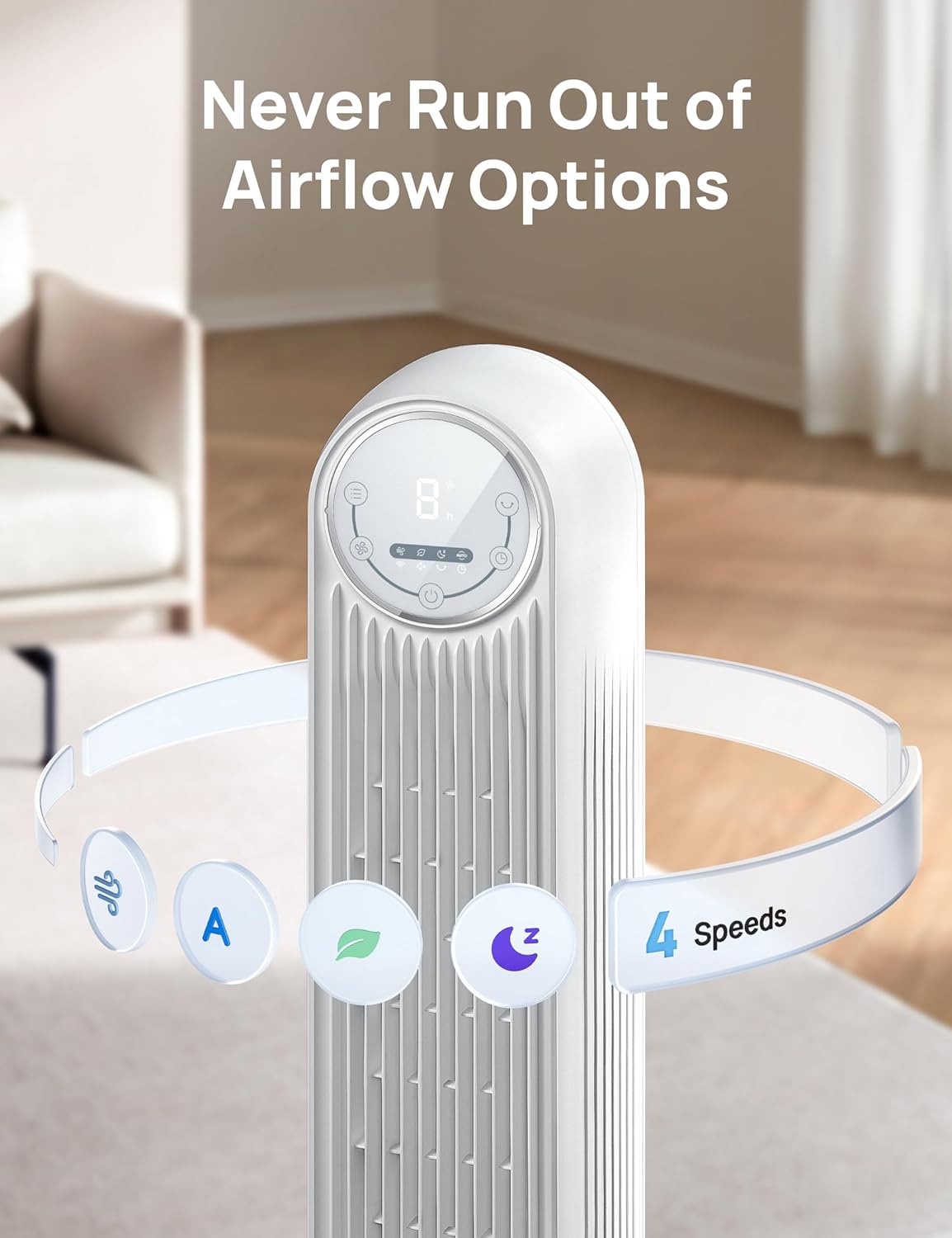 DREO Tower Fan for Bedroom, 25ft/s Smart Standing Fans, 90° Oscillating Floor Fan with 4 Modes, 4 Speeds, 8H Timer, 28dB, Bladeless, Remote, Works with WiFi Voice Control - Image 7