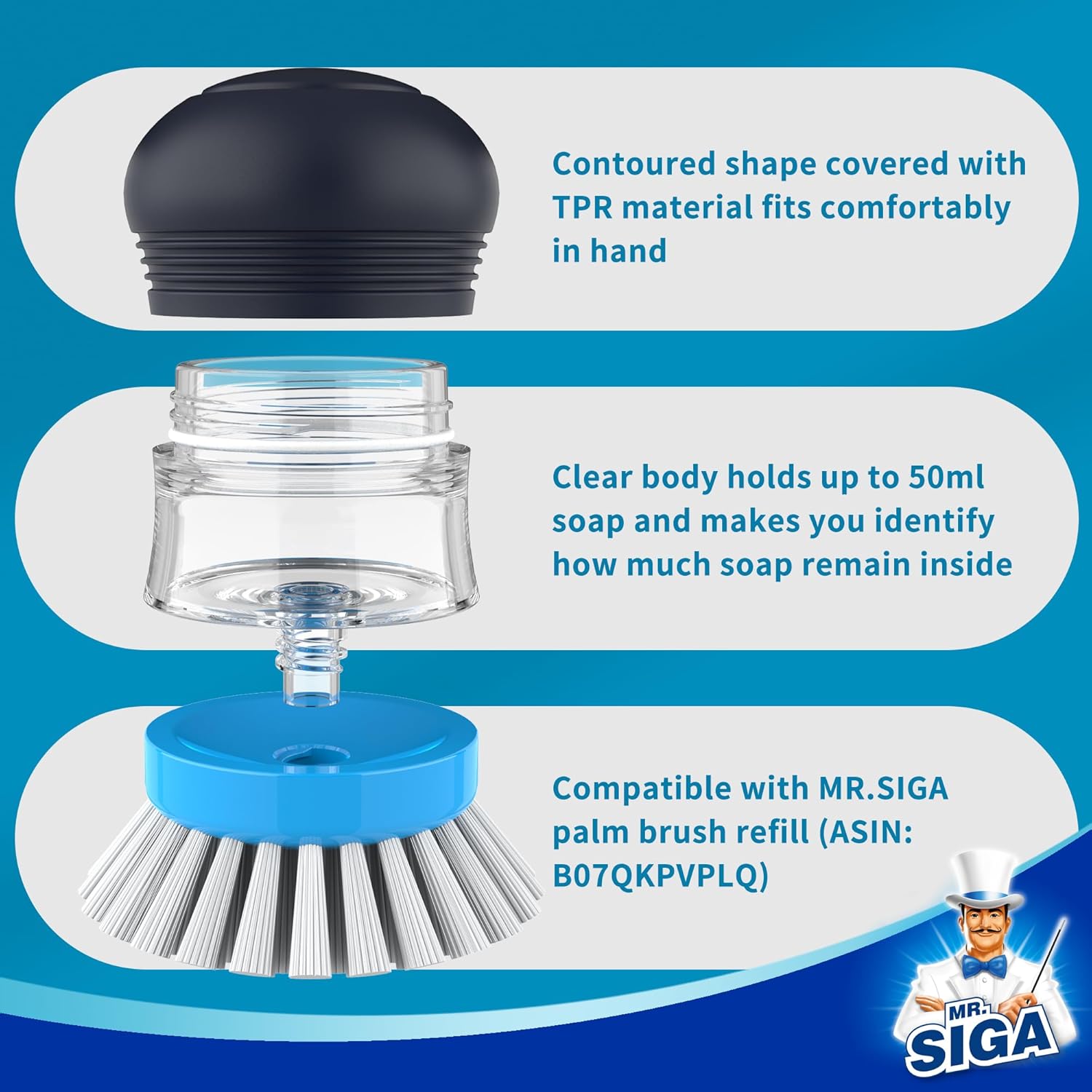 MR.SIGA Soap Dispensing Palm Brush, Kitchen Brush for Dish Pot Pan Sink Cleaning, Pack of 1, Navy/Blue - Image 7