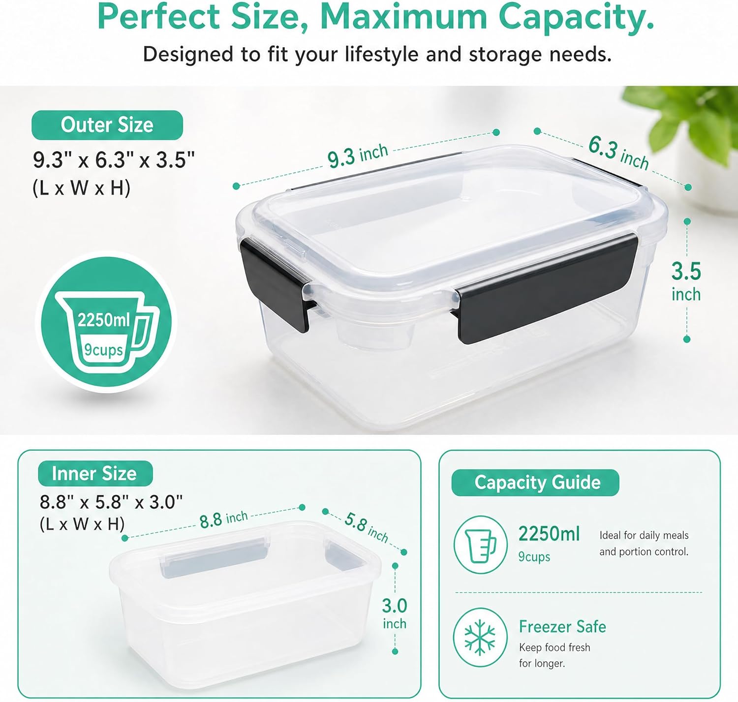 YORY 9 cup Plastic Food Storage Containers with Lids Nestable Freezer Dishwasher Safe Rectangle Meal Prep Container Set,5-Pack - Image 3