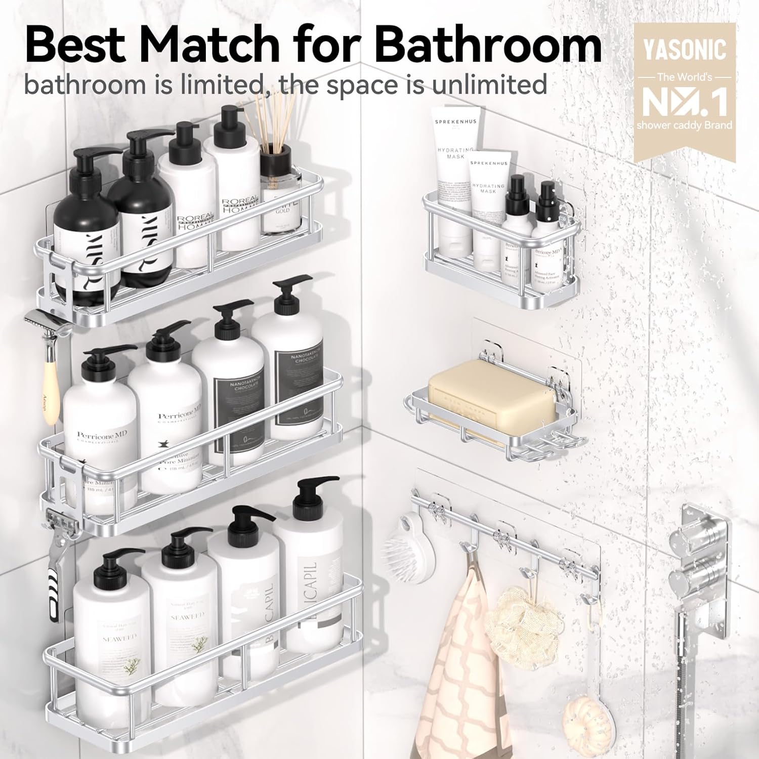 YASONIC Shower Caddy Adhesive, Rustproof Shower Organizer with Soap Holder, Large Capacity Shower Shelves for Inside Shower, No Drilling Bathroom Organizers and Storage for Home Decor(6 Pack Silver) - Image 3