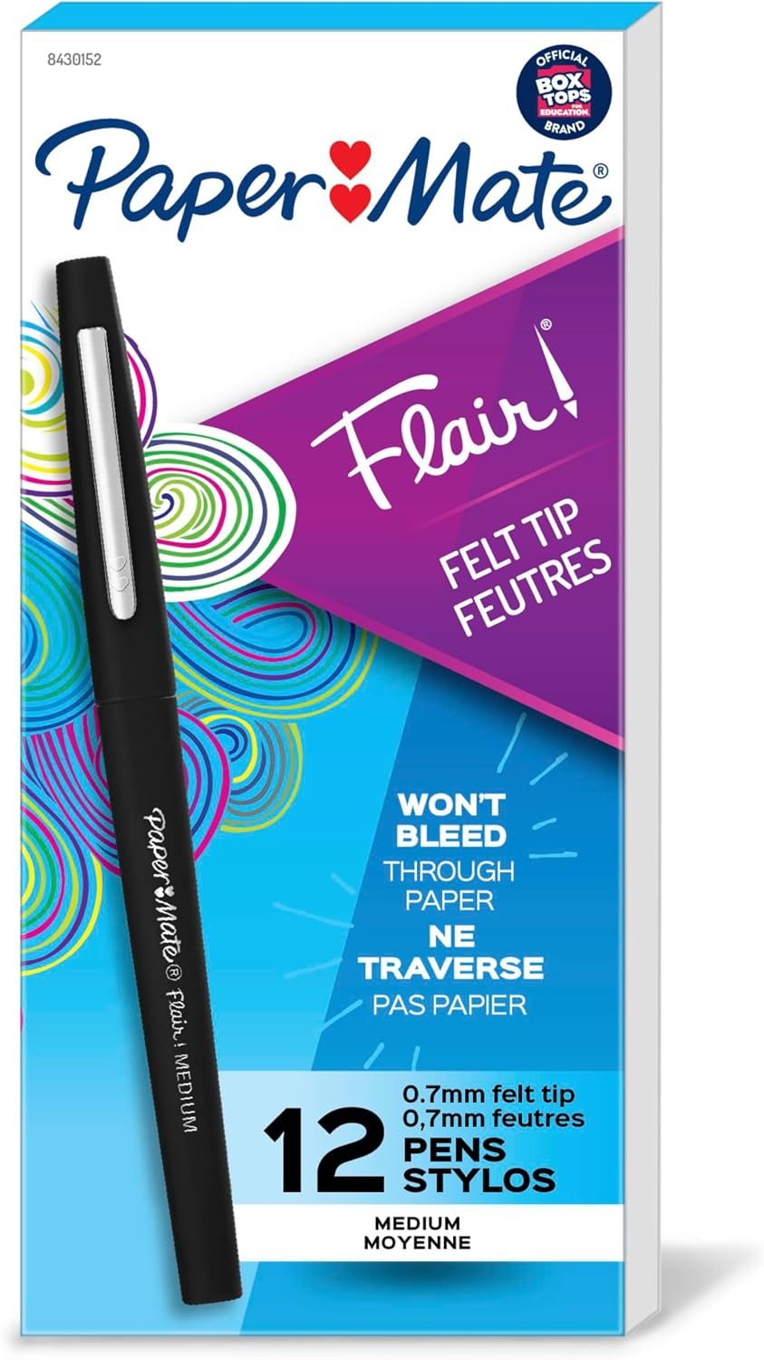 Paper Mate Flair Felt Tip Pens, Medium Point (0.7mm), Black, 12 Count - Teacher Supplies, Journaling, Note-Taking, Writing - Image 2
