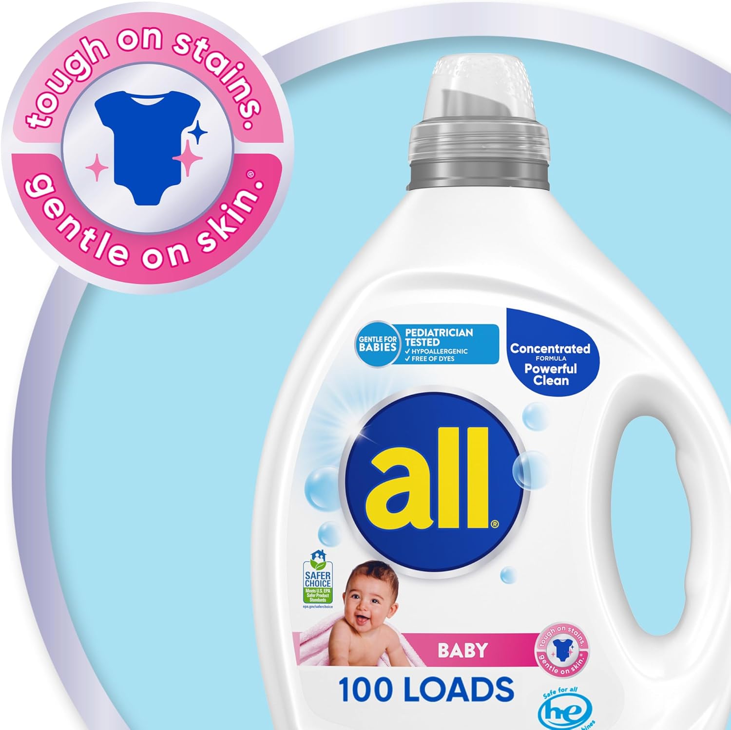 all Baby Laundry Detergent Liquid, 75oz, 100 Loads, Hypoallergenic & Dye Free, Gentle on Sensitive Skin, Tough on Stains, Pediatrician Tested, Lightly Scented, HE Safe - Image 4