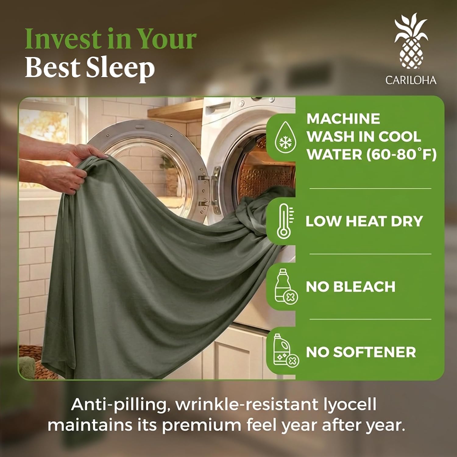 Cariloha Retreat 4-Piece Sateen Sheet Set | Oasis Green | Queen | Lyocell Material | Breathable, Corner Straps, Extra Soft & Cooling - Image 6