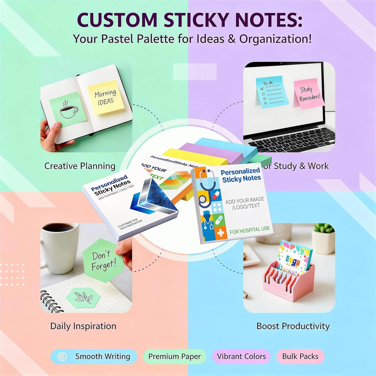 Bulk Personalized Sticky Notes 3"x3"– Custom Notepad with Text Logo 50 Sheets per Pad, Personalized Note Pads, 3-100 Pack for Business Marketing, Office Supplies, Schools, Parties (3) - Image 4