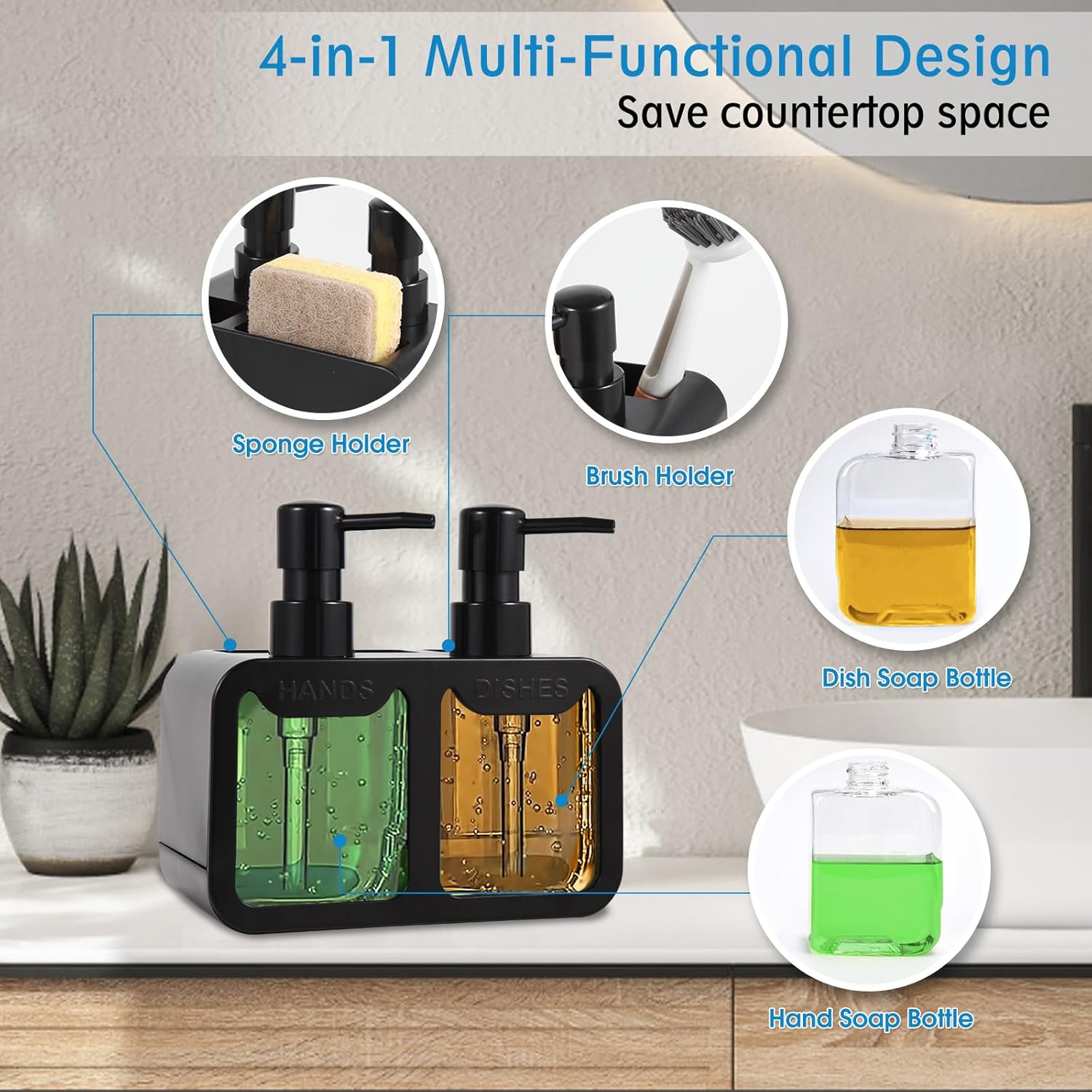 Kitchen Soap Dispenser Set, with Hand and Dish Soap, Sponge Caddy and Brush Holder 4-in-1 Kitchen Dual Soap Dispenser Set for Kitchen Sink, Bathroom - Black - Image 3