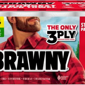 Brawny Tear-A-Square 3-Ply Paper Towels, 12 Double Rolls = 24 Regular Rolls, Strong, Absorbent, and Durable with 3 Sheet Sizes